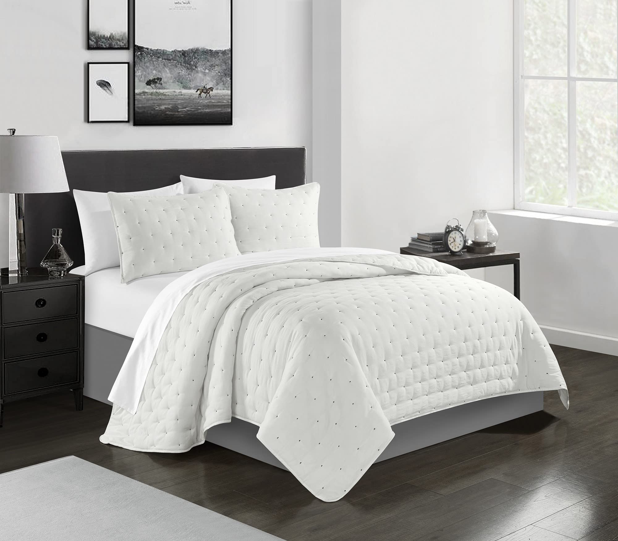 Chic Home Chyle 3-Piece King Size Quilt Set with Tufted Cross Stitch Design - Includes Pillow Shams in Soft Beige | Luxury Bedding for Master Bedroom & Guest Room Decor