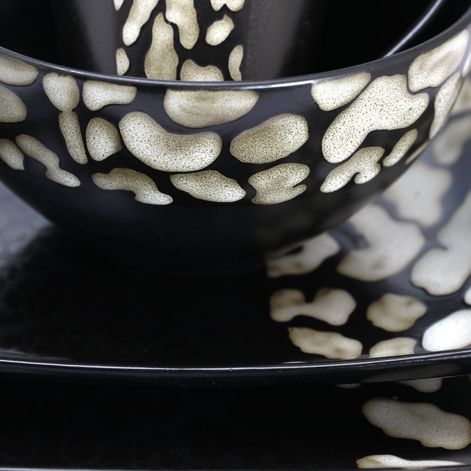 Elama Square Stoneware Dinnerware Set - 16-Piece Matte Black Cheetah Print Plates, Bowls & Mugs - Durable Stoneware for Everyday Use, Dinner Parties & Modern Kitchen Decor