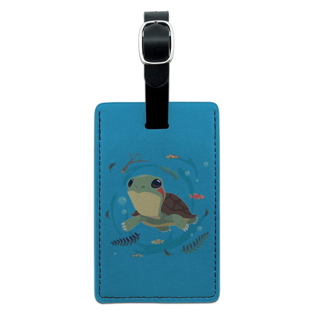 Stylish Rectangle Leather Luggage Tag with Cute Turtle & Fish Design - Perfect for Carry-On Bags, Suitcases & Travel Accessories - Durable ID Card Holder for Vacation, Business Trips & Airport Security
