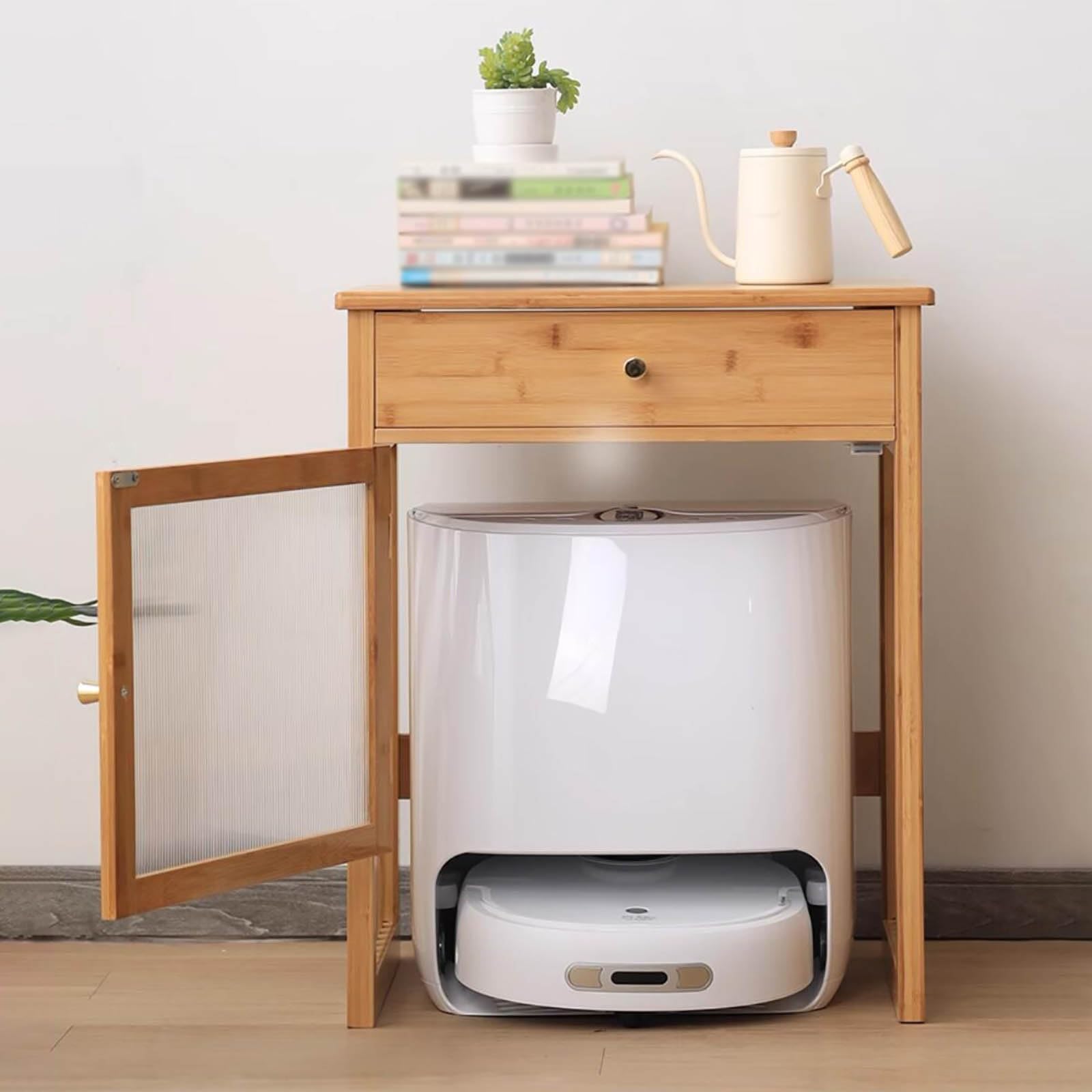 Wooden Robot Vacuum Cleaner Storage Stand with Cabinet - Organizer for Self-Emptying Robotic Vacuum & Mop - Compact Storage Rack (Light Grey, 52x41x63.5cm/20.5x16x25.5in) - Perfect for Living Room, Bedroom & Home Office Organization