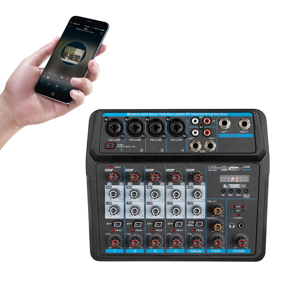 Professional 6-Channel Audio Mixer Sound Board - Digital Bluetooth USB Interface for Live Studio, DJ, KTV & Home Recording | Perfect for Music Production, Podcasting & Live Performances