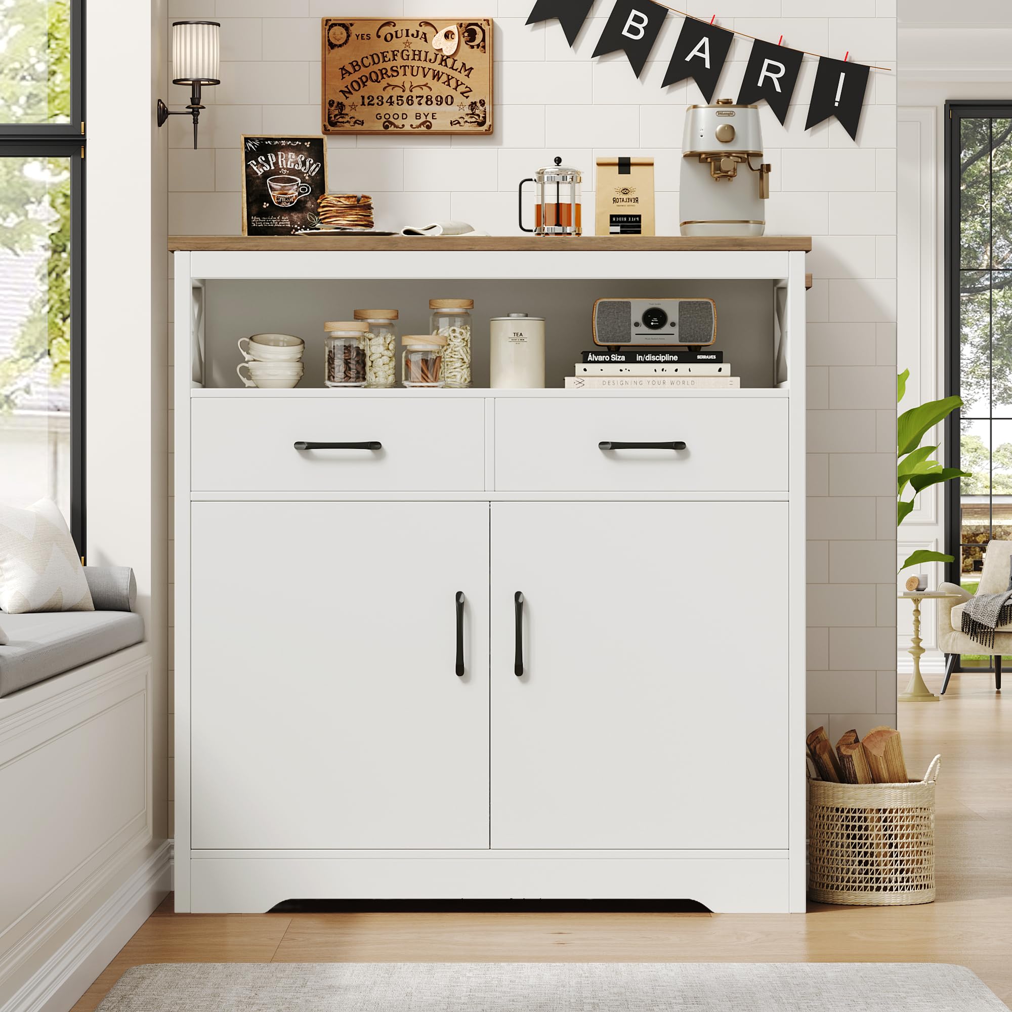 Modern Farmhouse Buffet Sideboard - Wooden Kitchen Storage Cabinet with Shelves, Doors & Drawers - Coffee Bar & Living Room Cupboard - White & Rustic Brown - Perfect for Dining Room, Entryway & Home Organization