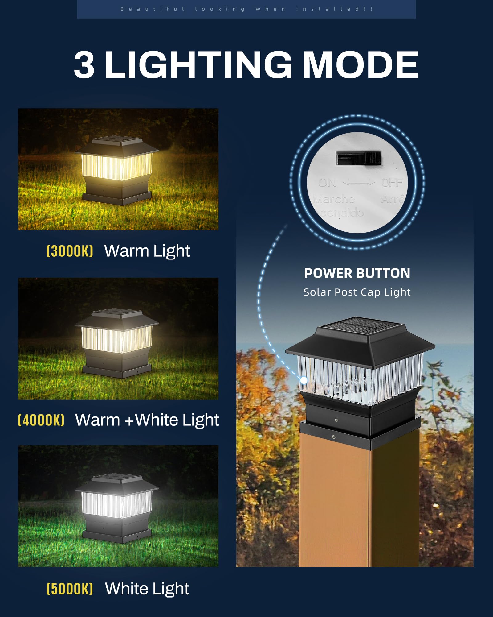 50 Lumen Solar Post Lights - 3 Modes Outdoor Deck Fence Cap Lights (4x4/3.5x3.5/4.5x4.5/5.5x5.5) - Waterproof LED Landscape Lighting for Patio, Garden & Yard Decoration (6 Pack, Black) - Perfect for Pathway, Driveway & Backyard Illumination