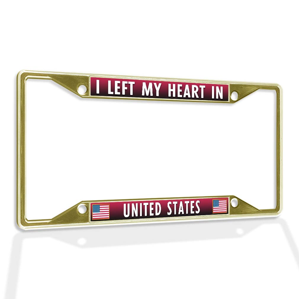 Sturdy Metal License Plate Frame - 'I Left My Heart in United States' Weatherproof Car Accessory with 4 Gold Holes & Solid Insert - Perfect for Road Trips, Car Shows & State Pride Decoration