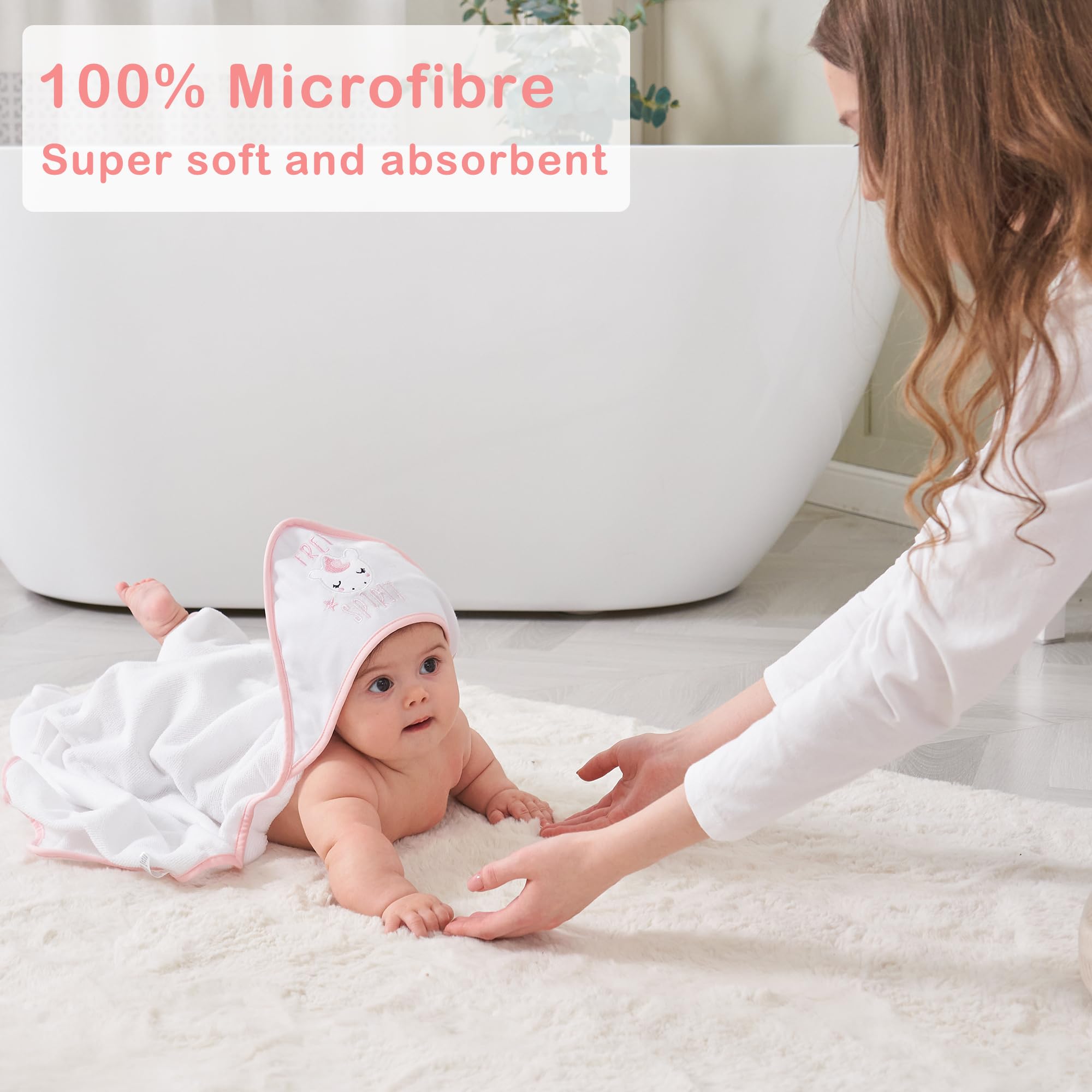Viviland 6-Pack Baby Hooded Towels and Washcloths Set - Super Soft Absorbent Bath Towels for Newborns & Toddlers - 28x28 Inch Pink Unicorn Design - Perfect for Bath Time, Swimming, and Baby Showers