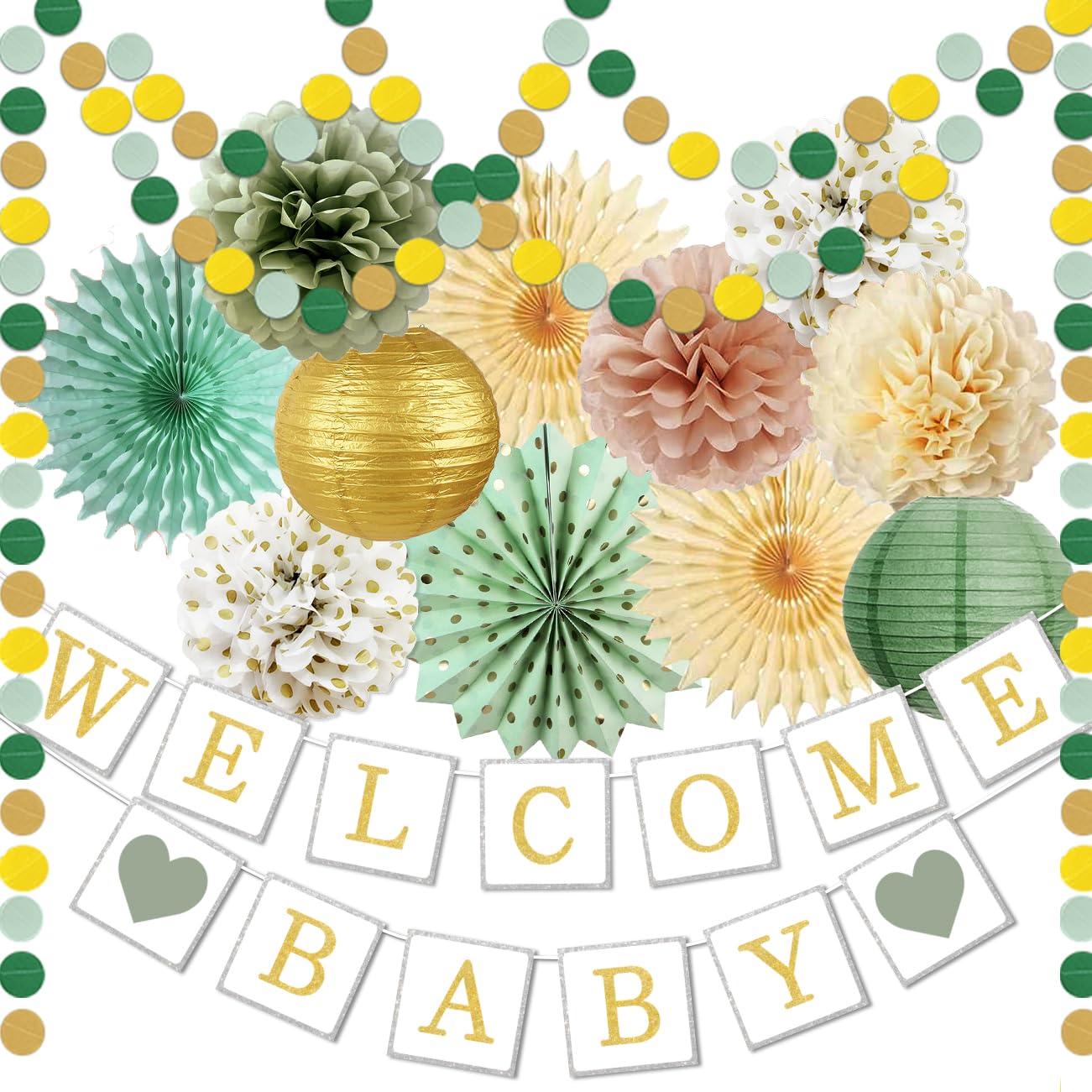 Sage Green & Gold Baby Shower Decorations Set - Welcome Baby Banner, Olive Green Tissue Pom Poms, Paper Flowers & Lanterns - Gender Neutral Nursery Decor for Boys & Girls - Perfect for Baby Reveal Parties & Newborn Celebrations