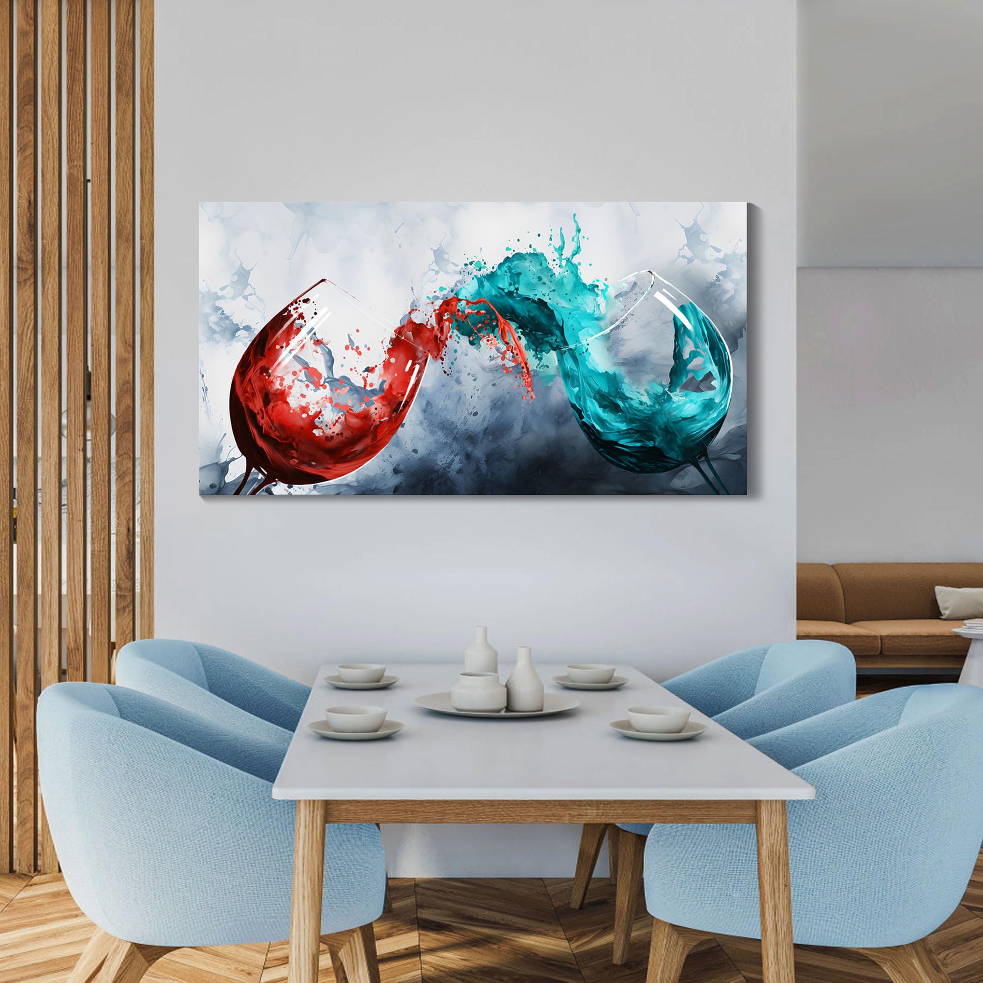 Modern Wine Glass Canvas Wall Art - Blue & Red Wine Cups Painting for Dining Room, Kitchen, Living Room & Office Decor - 29x58 Inch Large Wall Art - Perfect for Home, Restaurant & Bar Decor