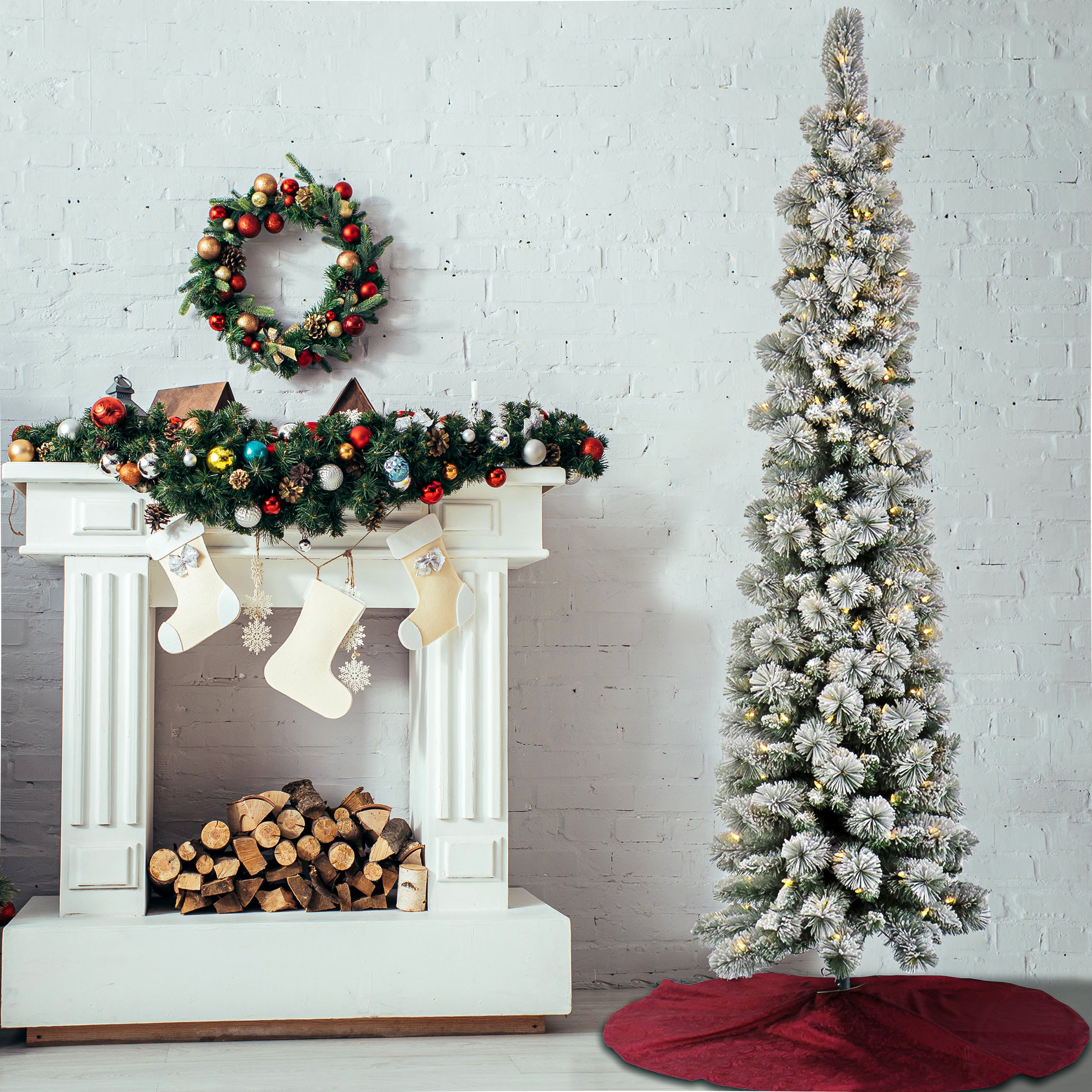 7 ft. Pre-Lit Snowy Methow Pencil Slim Christmas Tree with 300 Warm White LED Lights - Perfect for Small Spaces, Apartments & Holiday Decor