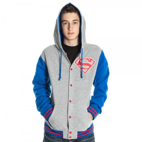 Bioworld Superman Letterman Style Hooded Sweatshirt - Grey Medium | DC Comics Licensed Apparel | Perfect for Superhero Fans & Casual Wear