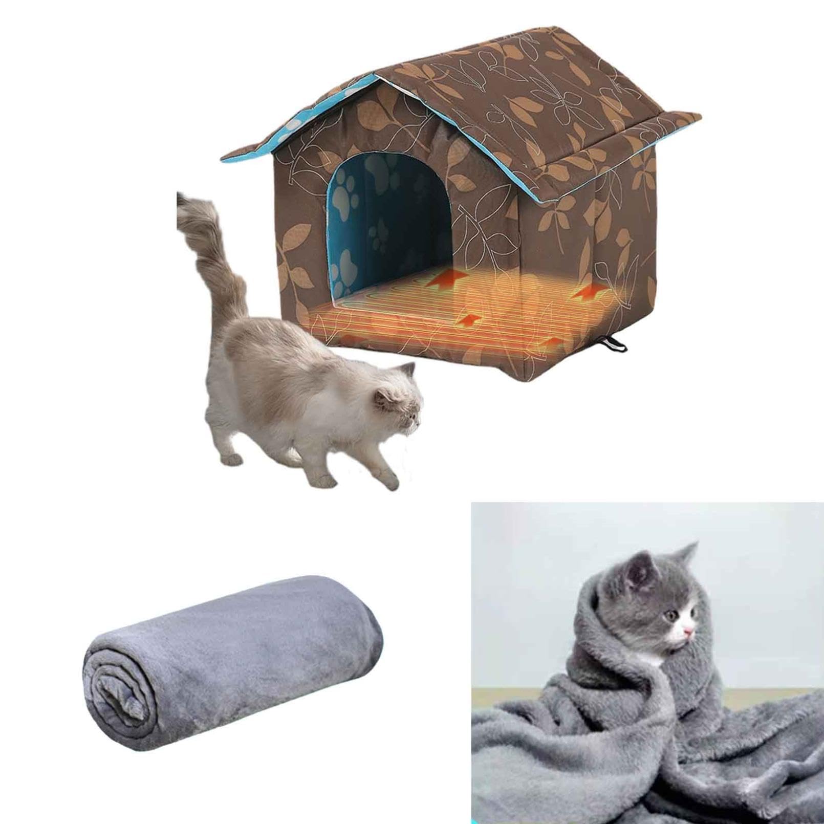 Large Cute Winter Cat House - Portable Indoor/Outdoor Insulated Pet Shelter with Self-Warming Pad, Waterproof & Foldable Design for Cats & Dogs | Perfect for Cold Weather, Travel, and Home Use