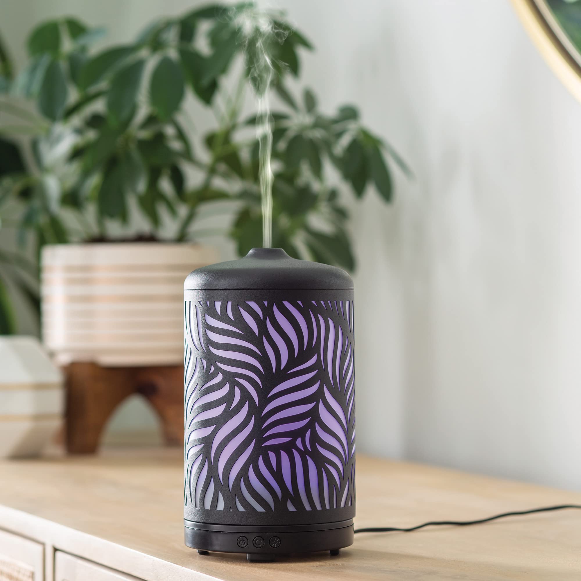 Airome Rotating 100mL Ultrasonic Essential Oil Diffuser with LED Light - 360° Carousel Rotation, Black Metal Wild Palm Design | Aromatherapy for Home, Office, Yoga & Spa Relaxation