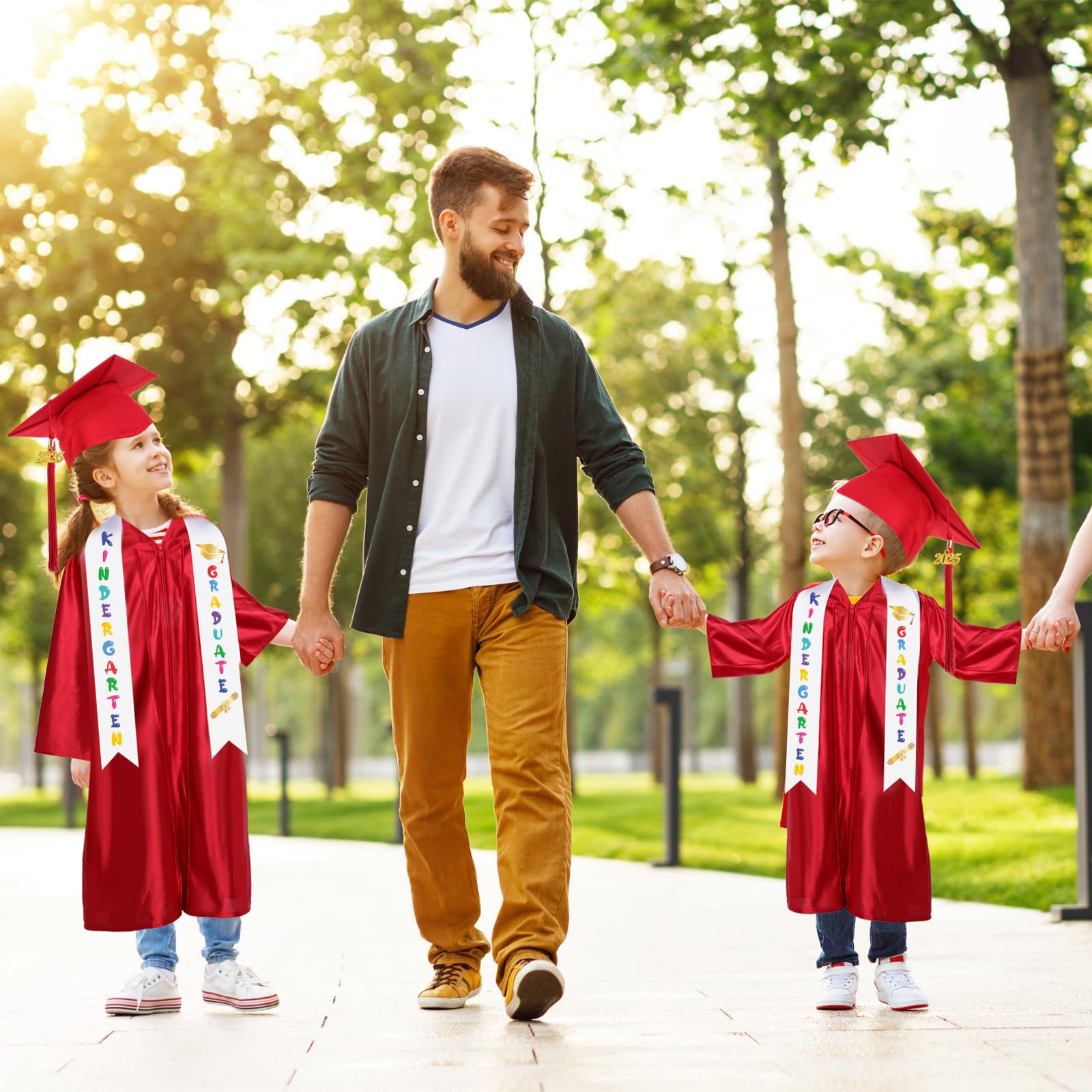 2025 Preschool & Kindergarten Graduation Gown Cap Tassel Set with Printed Stole Sash - 2 Pack Kids Graduation Outfit for Ceremony & Photo Shoots