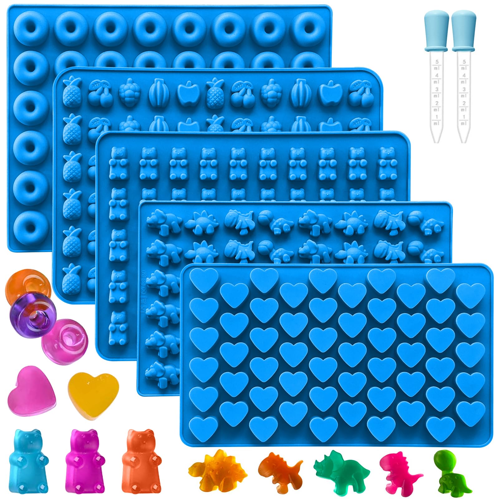 7Pcs Silicone Gummy Candy Molds Set - Bear, Dinosaur, Fruit, Donut & Heart Shapes - Non-Stick Baking Molds with 2 Droppers for Homemade Gummies, Chocolates & Candies - Perfect for Birthday Parties, DIY Treats & Holiday Baking