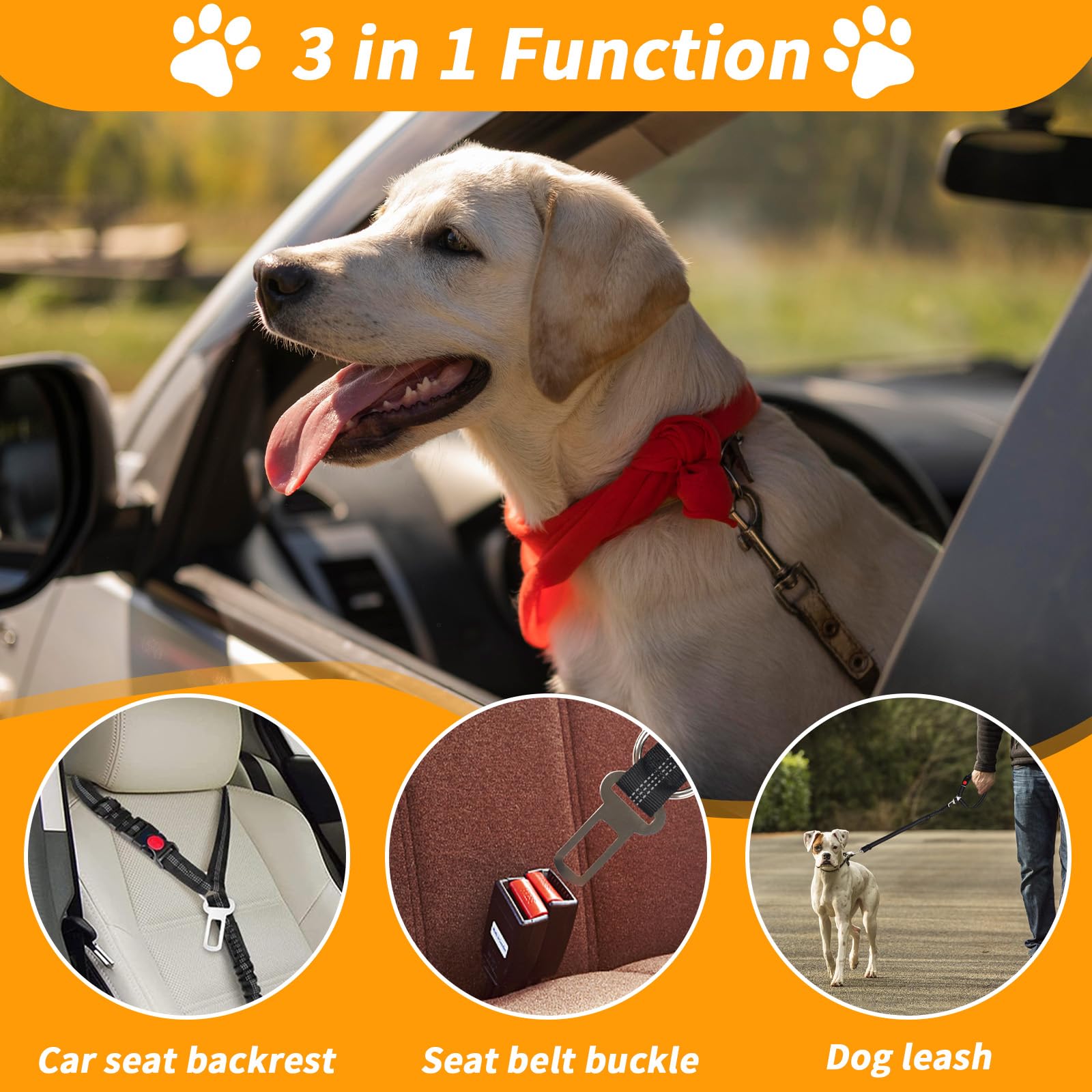 4-in-1 Dog Car Safety Set - Adjustable Pet Seat Belt Harness with Removable Hardest Seatbelts, Retractable Vehicle Headrest Restraint - Includes Poop Bags & Travel Dog Bowl (Black) - Perfect for Road Trips, Vet Visits & Daily Commutes with Your Pet