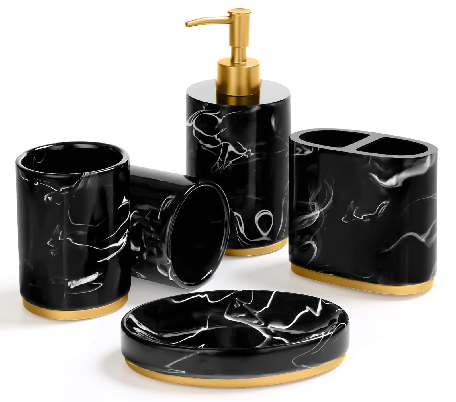 5-Piece Haturi Marble Look Bathroom Accessories Set - Ink Black Gold Resin Countertop Decor for Restroom & Apartment - Perfect Gift for Women & Men | Ideal for Modern Homes, Guest Bathrooms & Luxury Spaces