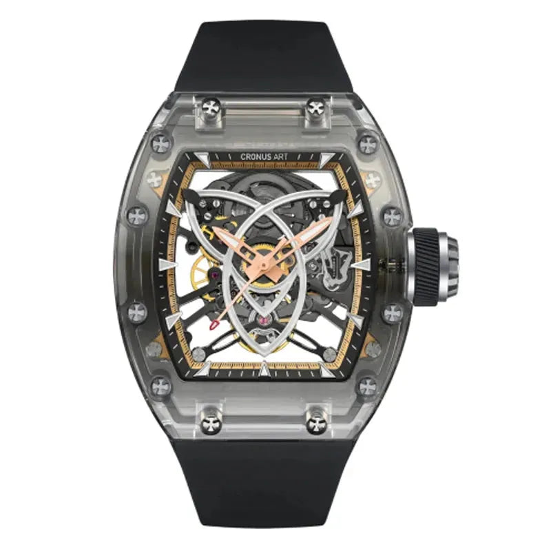 CRONUSART Men's Automatic Skeleton Watch - 50x42mm Tonneau Mechanical Wristwatch with Luminous Dial, Acrylic Case & Fluororubber Strap - Perfect for Business, Casual Wear & Special Occasions