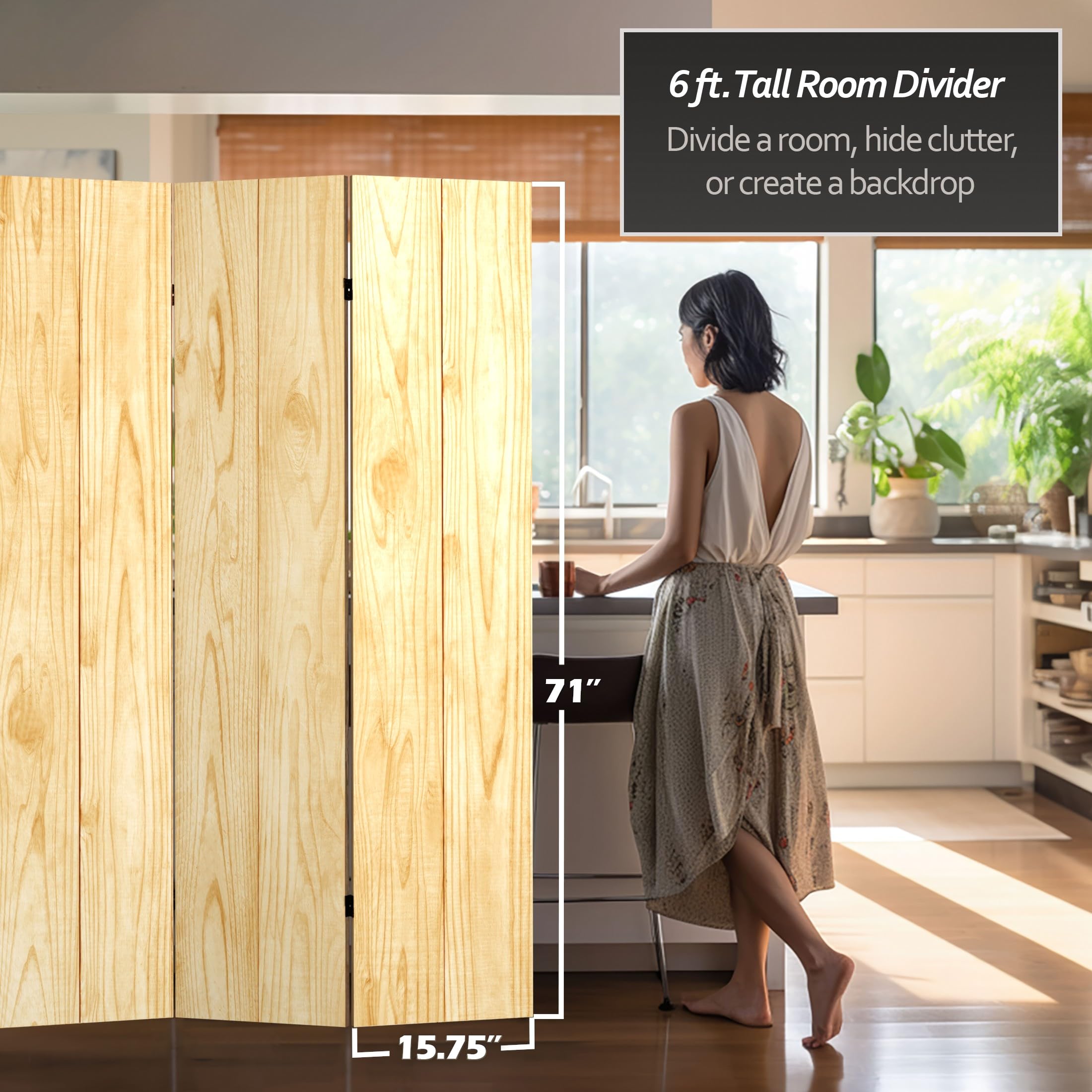 6 ft. Tall Red Lantern Double Sided Wood Grain Canvas Room Divider - Freestanding Asian Style Partition Screen for Home Decor, Office Privacy & Event Backdrop