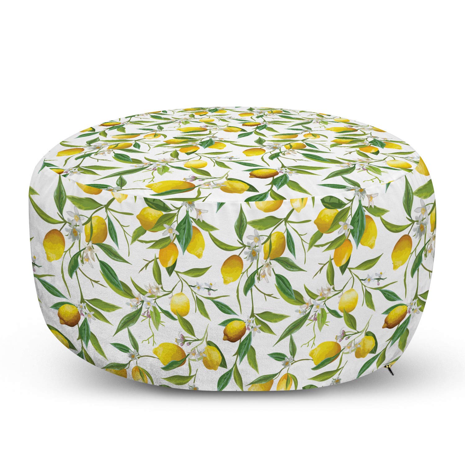 Ambesonne Floral Ottoman Pouf - Decorative Foot Rest with Removable Cover, Fern Green & Yellow Citrus Print - Soft Round Pouffe for Living Room, Bedroom & Nursery - Perfect Home Decor Accent for Relaxation and Extra Seating