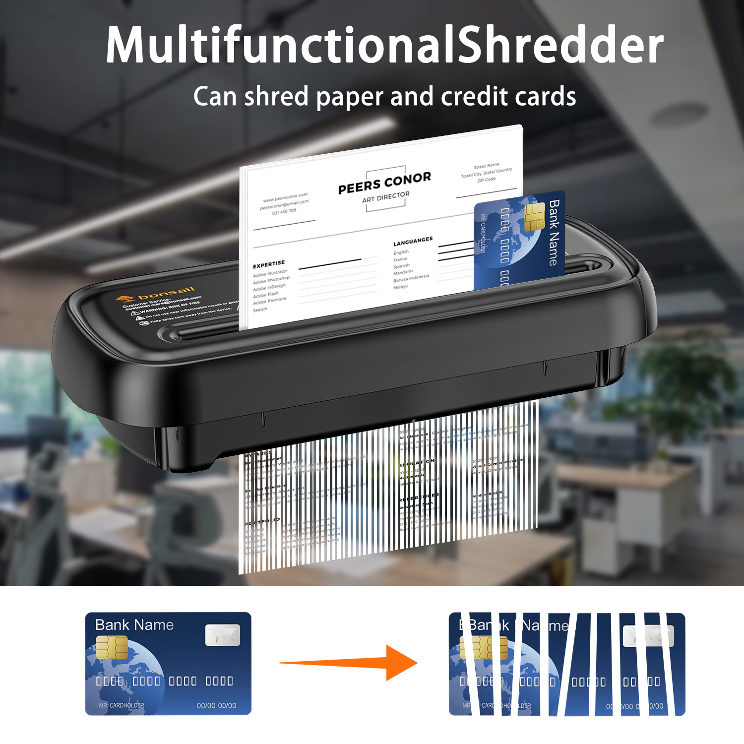 Bonsaii 6-Sheet Strip Cut Paper Shredder for Home & Office - Portable Small Shredder with Extendable Arm & Overheat Protection - Perfect for Bills, Documents, Junk Mail Shredding