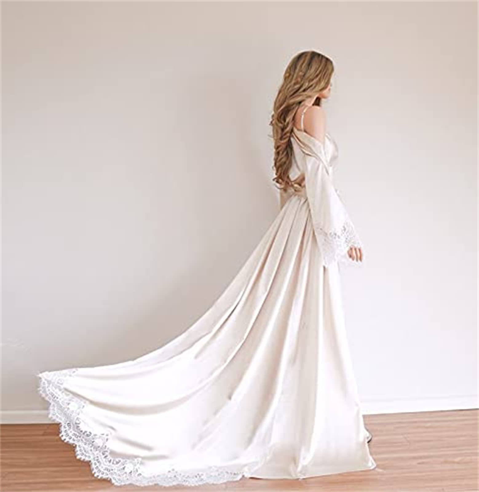 Sexy Satin Long Kimono Robe & Lace Pajama Set for Women - 2 Piece Sleepwear Nightgown for Bridal Party, Honeymoon & Boudoir Photography | Plus Size Available