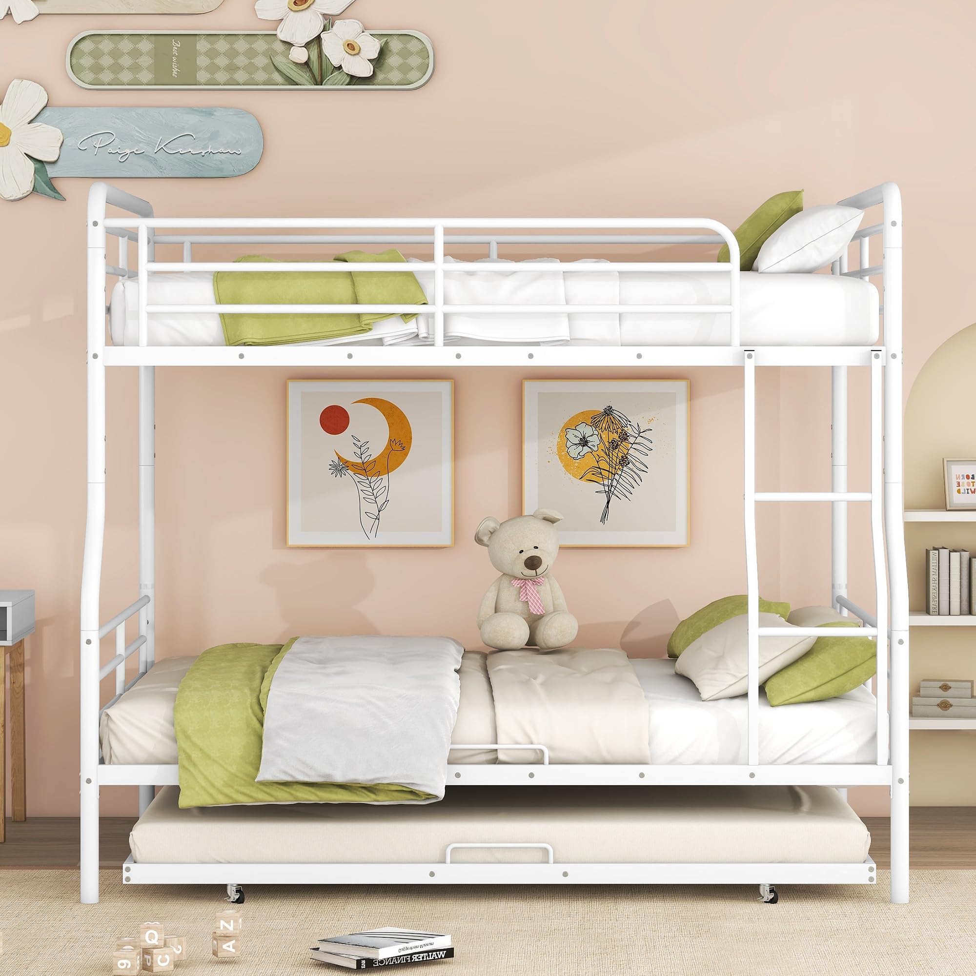 Merax Full XL Over Queen Metal Bunk Bed Frame with Twin Size Trundle & Full-Length Guardrails - Sturdy Space-Saving Bunk Bed for Teens, Kids, Boys & Girls - Perfect for Dorms, Guest Rooms & Small Bedrooms (White)