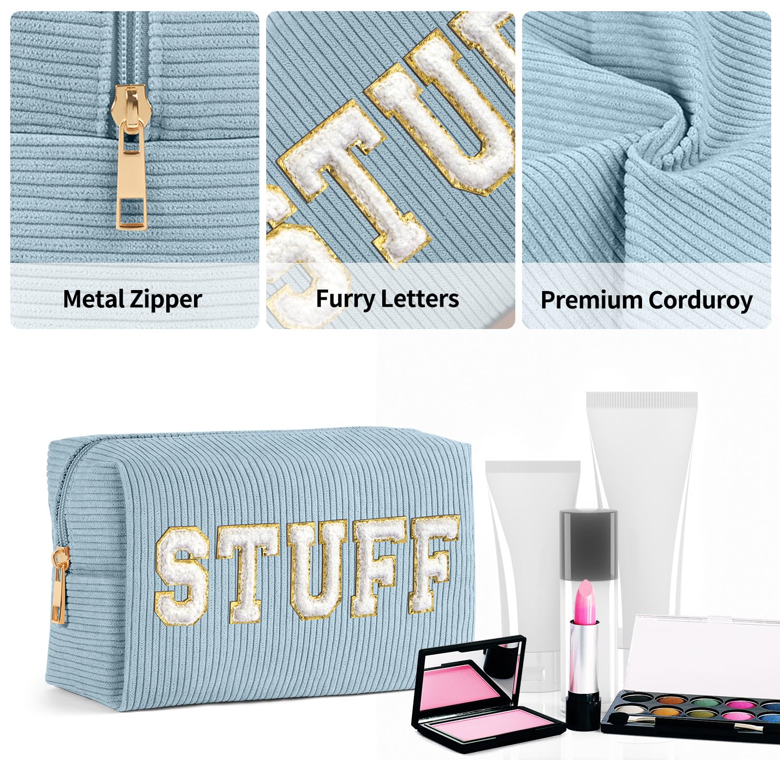 MAGEFY 2-Piece Corduroy Makeup Bag Set for Women - Small Preppy Cosmetic Pouch with Chenille Letter Patch (Green+SKIN & Blue+STUFF) | Travel Organizer, Gift for Her, Daily Essentials Storage
