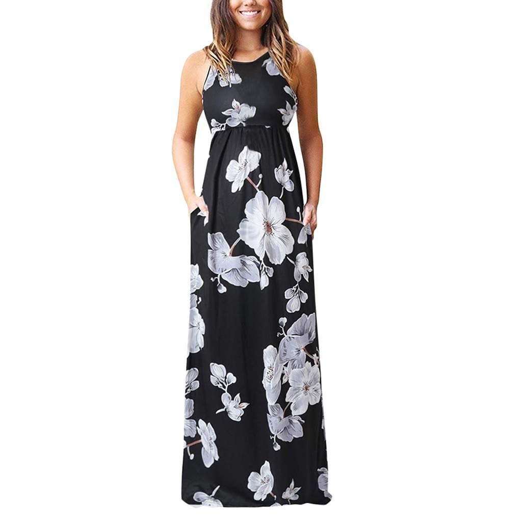 Gibobby Women's Long Sleeveless Floral Print Maxi Dress - Casual Summer Loose Tank Dress with Pockets | Perfect for Beach Vacation, Outdoor Party & Daily Wear
