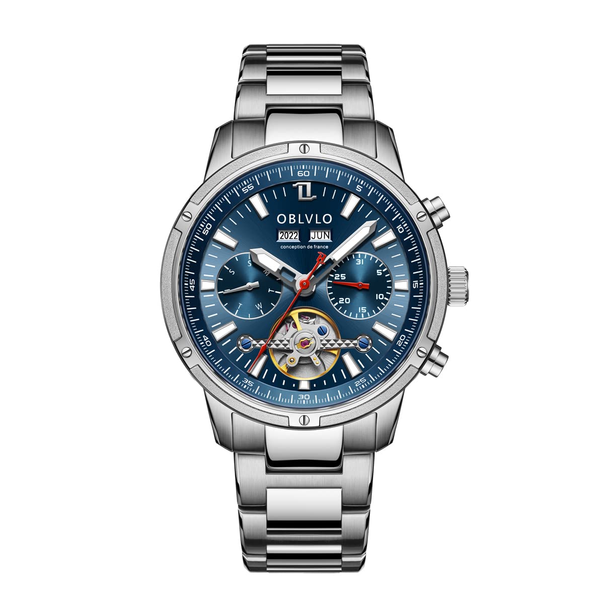 OBLVLO Men's Classic Mechanical Skeleton Watch - Stainless Steel Business Dress Watch with 3 Windows, Waterproof, for Office, Formal Events & Gifts