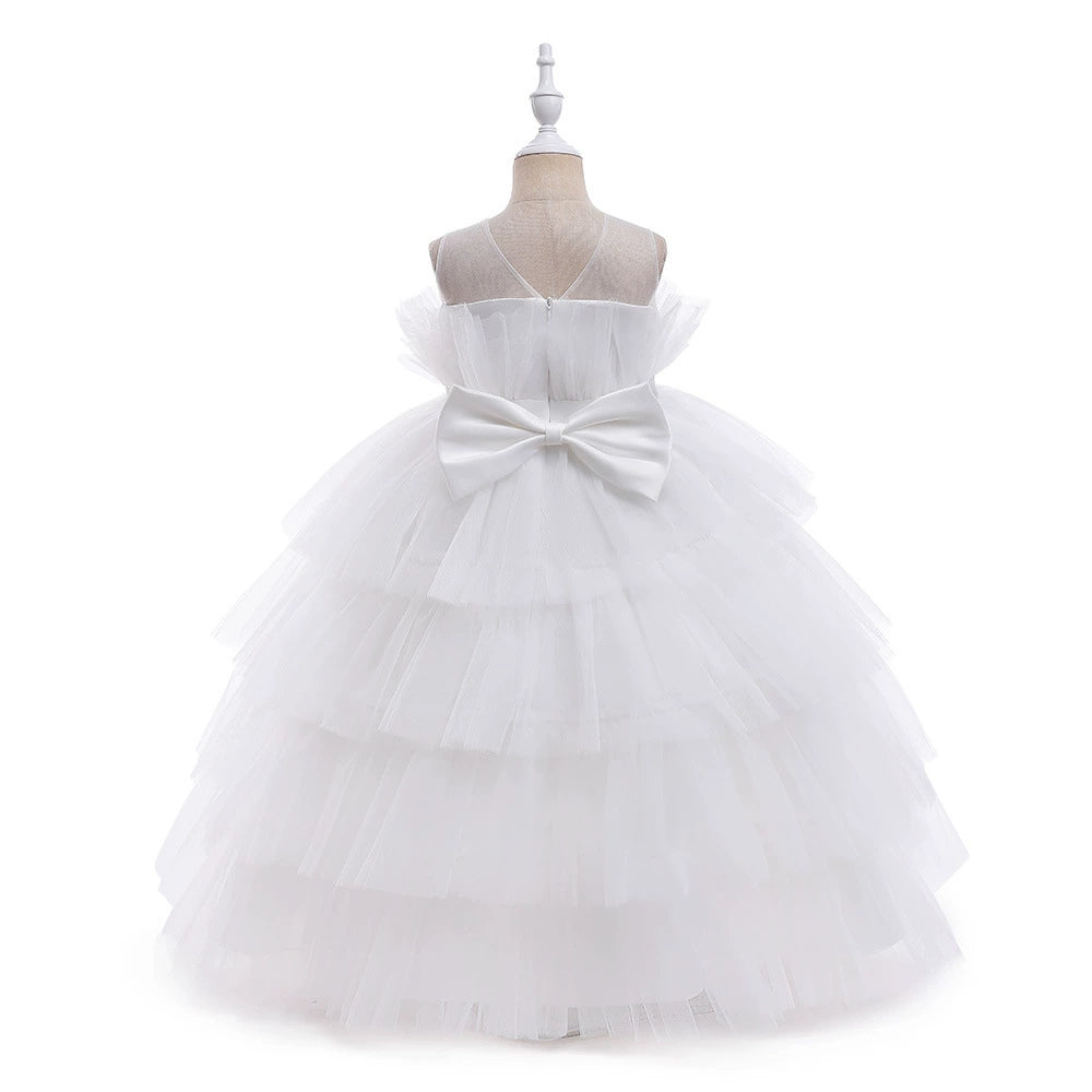 Princess Round Floor Length Tulle Flower Girl Dress in White - Perfect for Weddings, Baptisms & Special Occasions
