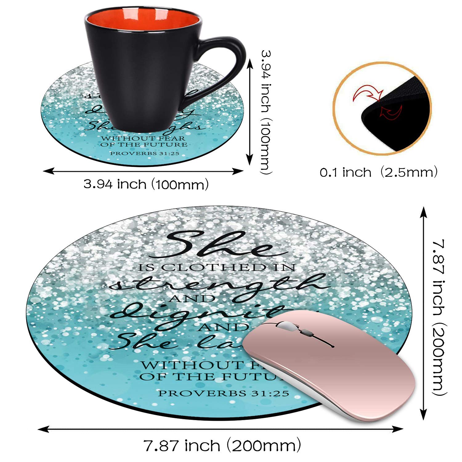 Blue Glitter Round Mouse Pad & Coasters Set with Christian Bible Verse Proverbs 31:25 Design - Non-Slip Rubber Base for Laptop, Computer, Office & Home Decor