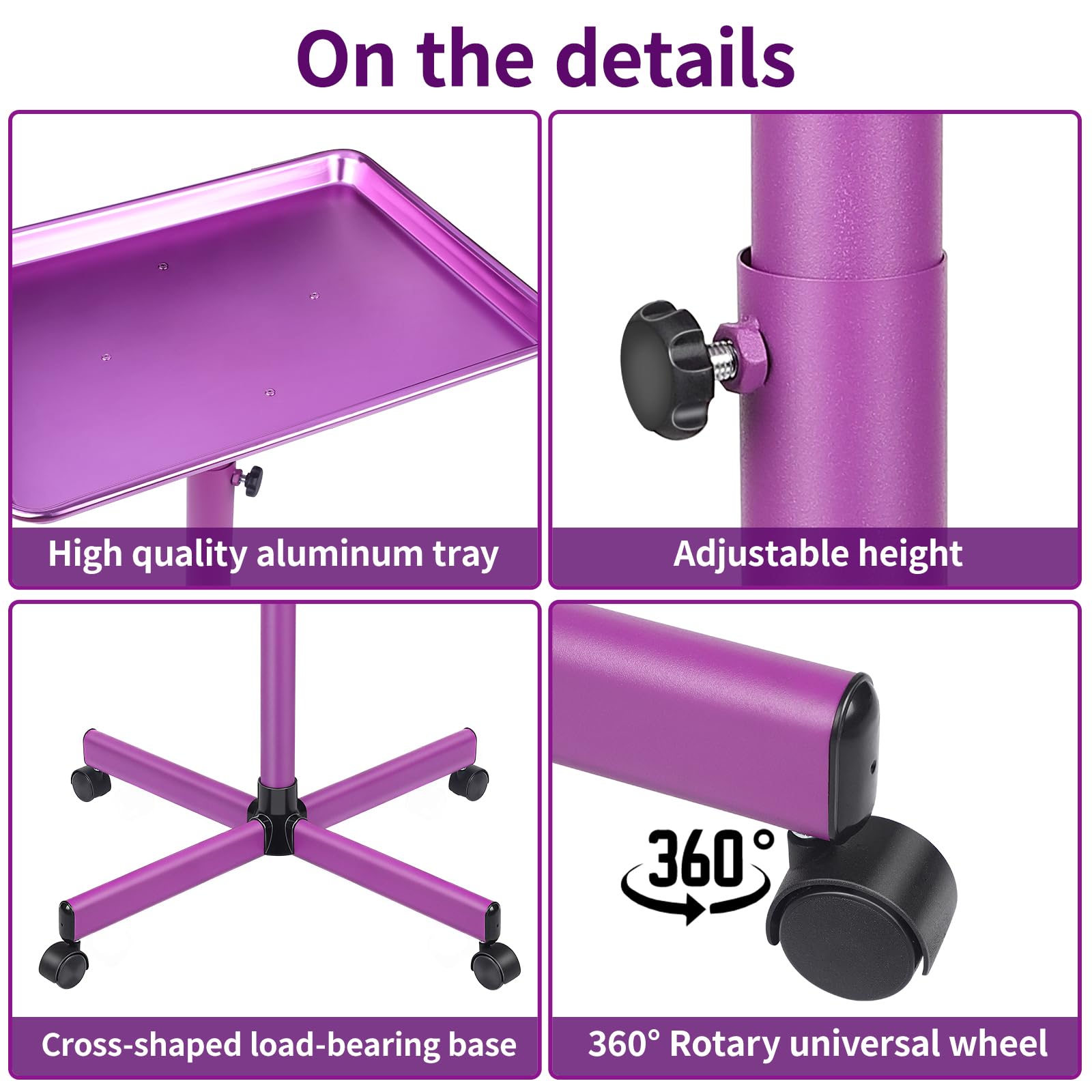 Premium Adjustable Rolling Salon Tray - Aluminum Mobile Hair Stylist & Tattoo Artist Cart with Wheels, Purple Height-Adjustable Service Tray for Salon, Spa, Tattoo Parlor & Beauty Services