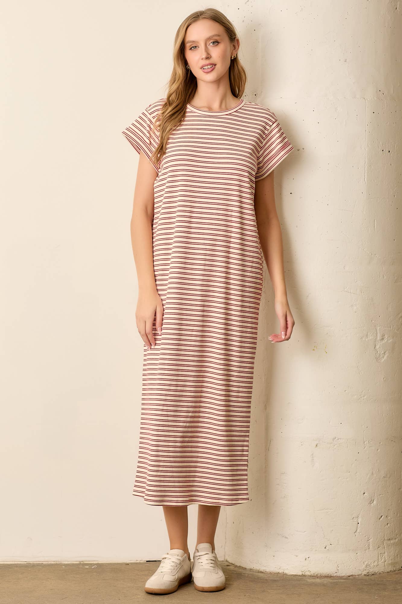 Women's Striped Maxi T-Shirt Dress in Cream & Red - Casual Summer Beach Dress for Outings, Vacations, and Relaxing
