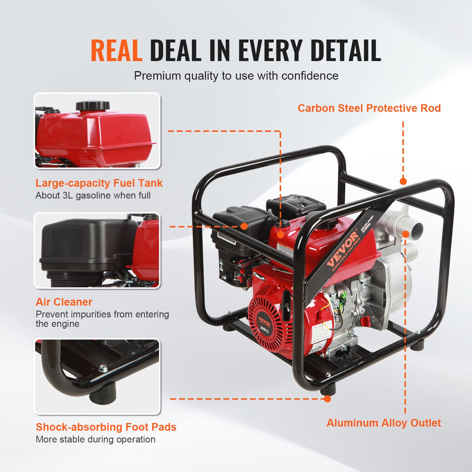 VEVOR 7HP 4-Stroke Gasoline Water Pump 2-Inch 142 GPM High Pressure Portable Pump with 25ft Hose | 148ft Lift & 22ft Suction | EPA Certified for Irrigation, Pool Drainage, Flood Control & Water Transfer