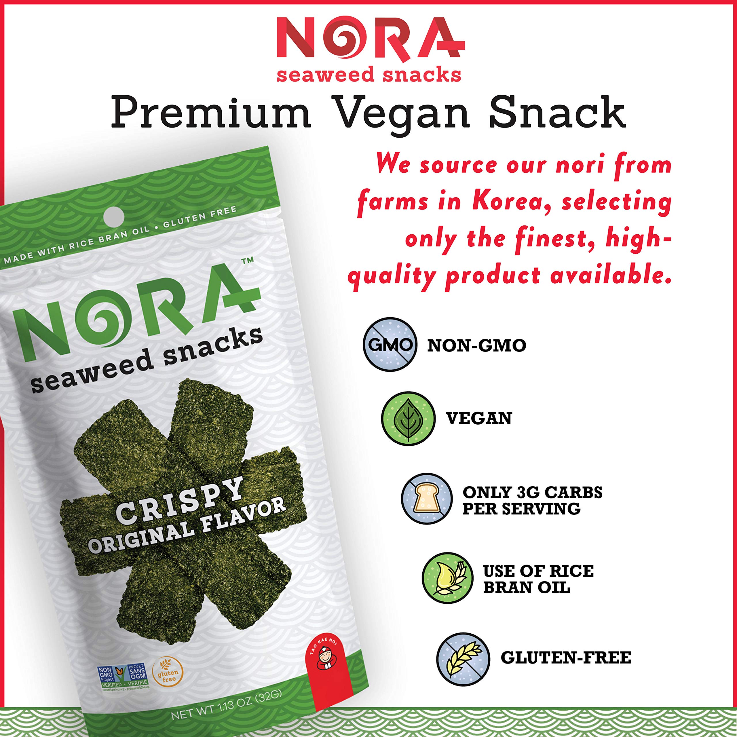 Crispy Seaweed Snacks by Nora - Low Carb Healthy Vegan Snacks, Gluten-Free Non-GMO Thick Nori Sheets (6-Pack) - Perfect for Keto Diet, Office Snacking & Asian Cuisine Lovers