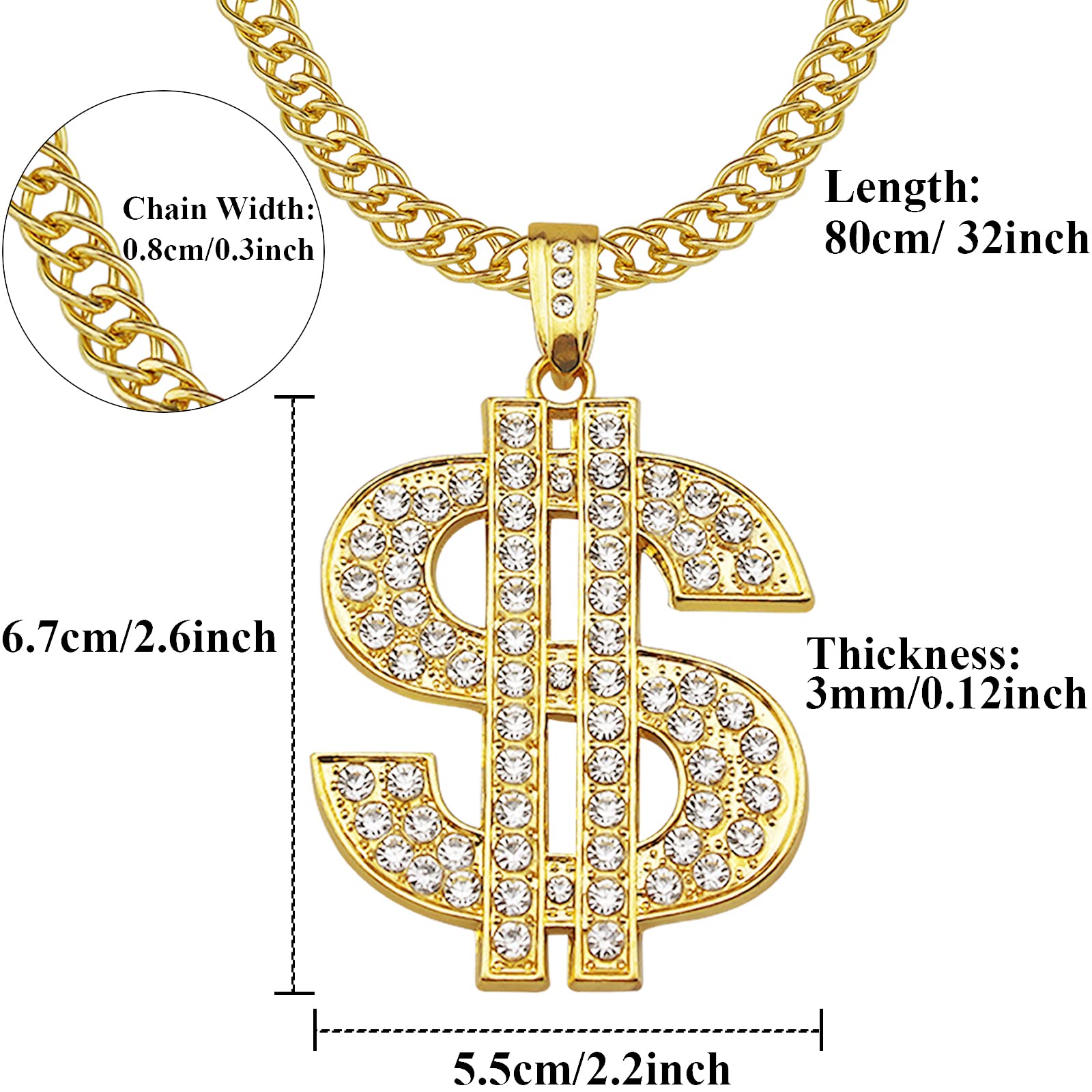 Gold Plated Hip Hop Chain with Crystal Dollar Sign Pendant Necklace for Men - 31.5 Inch Money Charm Necklace | Perfect for Streetwear, Rap Performances & Bold Fashion Statements