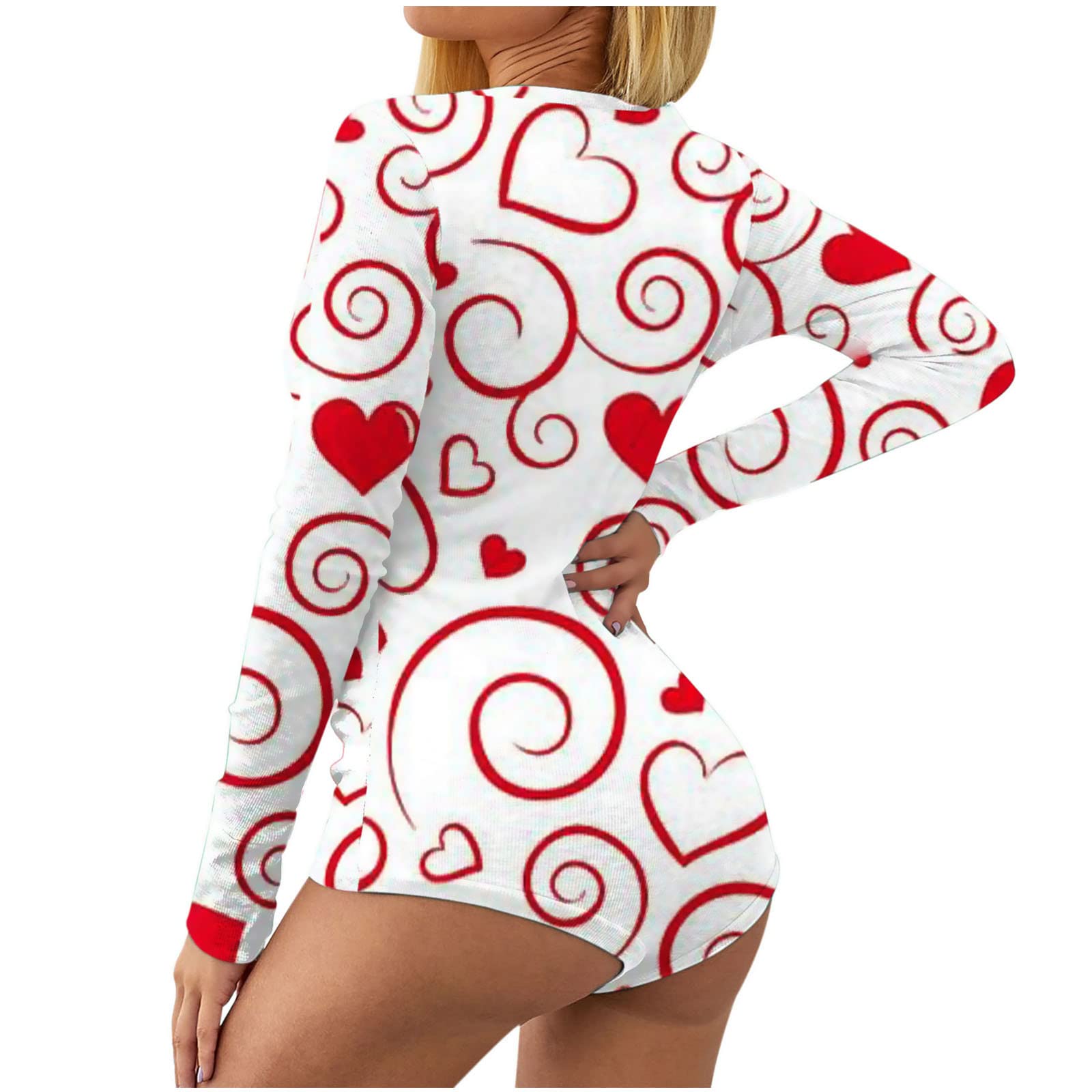 Valentine's Day Women's Sexy Lingerie - V-Neck Long Sleeve Lace Bodysuit Romper Pajamas for Couples Night & Romantic Occasions