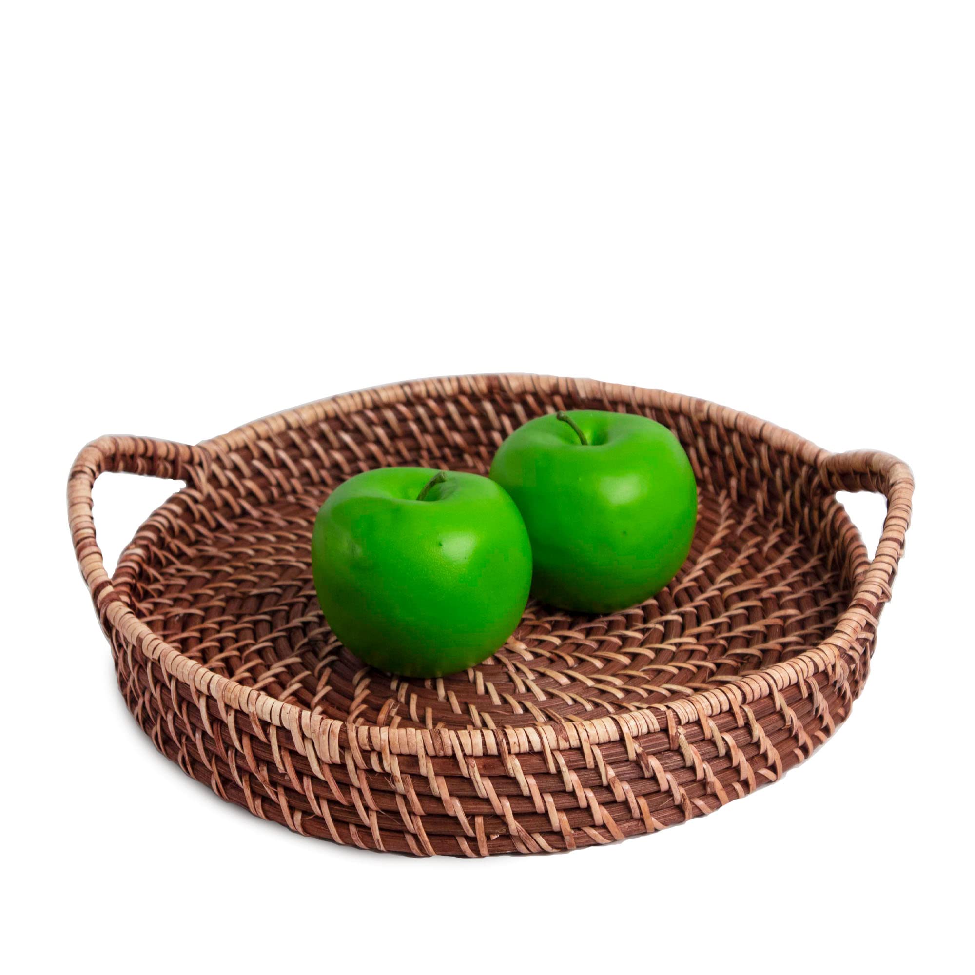 Round Wicker Serving Trays with Handles - 12 Inch Handwoven Rattan Platters for Breakfast, Coffee, Bread | Perfect for Home, Restaurants & Outdoor Dining (Brown)