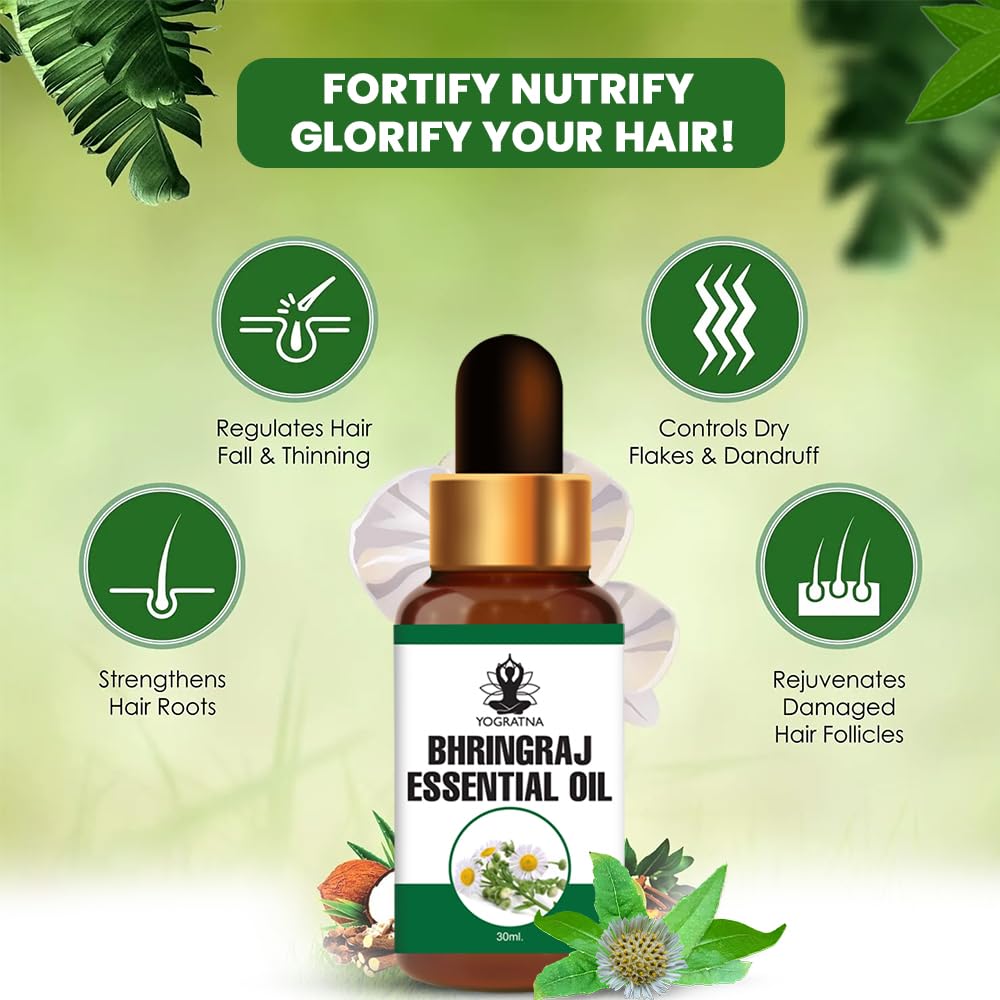 100% Pure Natural Bhringraj Essential Oil (30ml) - Cold Pressed Hair Growth Oil for Thicker, Longer & Healthier Hair | Promotes Scalp Health & Reduces Hair Fall | Perfect for Daily Hair Care & Ayurvedic Treatments