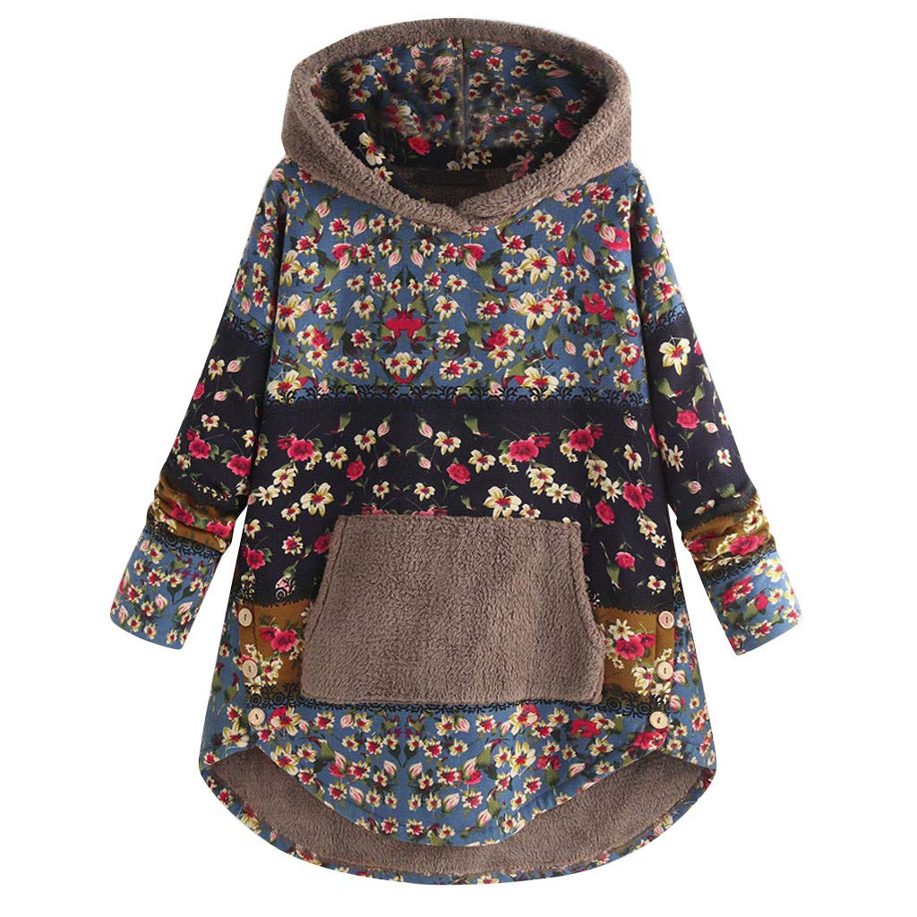 Women's Plus Size Fleece-Lined Hoodie with Patchwork Floral Print, Long Sleeve & Pockets - Cozy Winter Coat for Casual Outings, Outdoor Activities & Layering