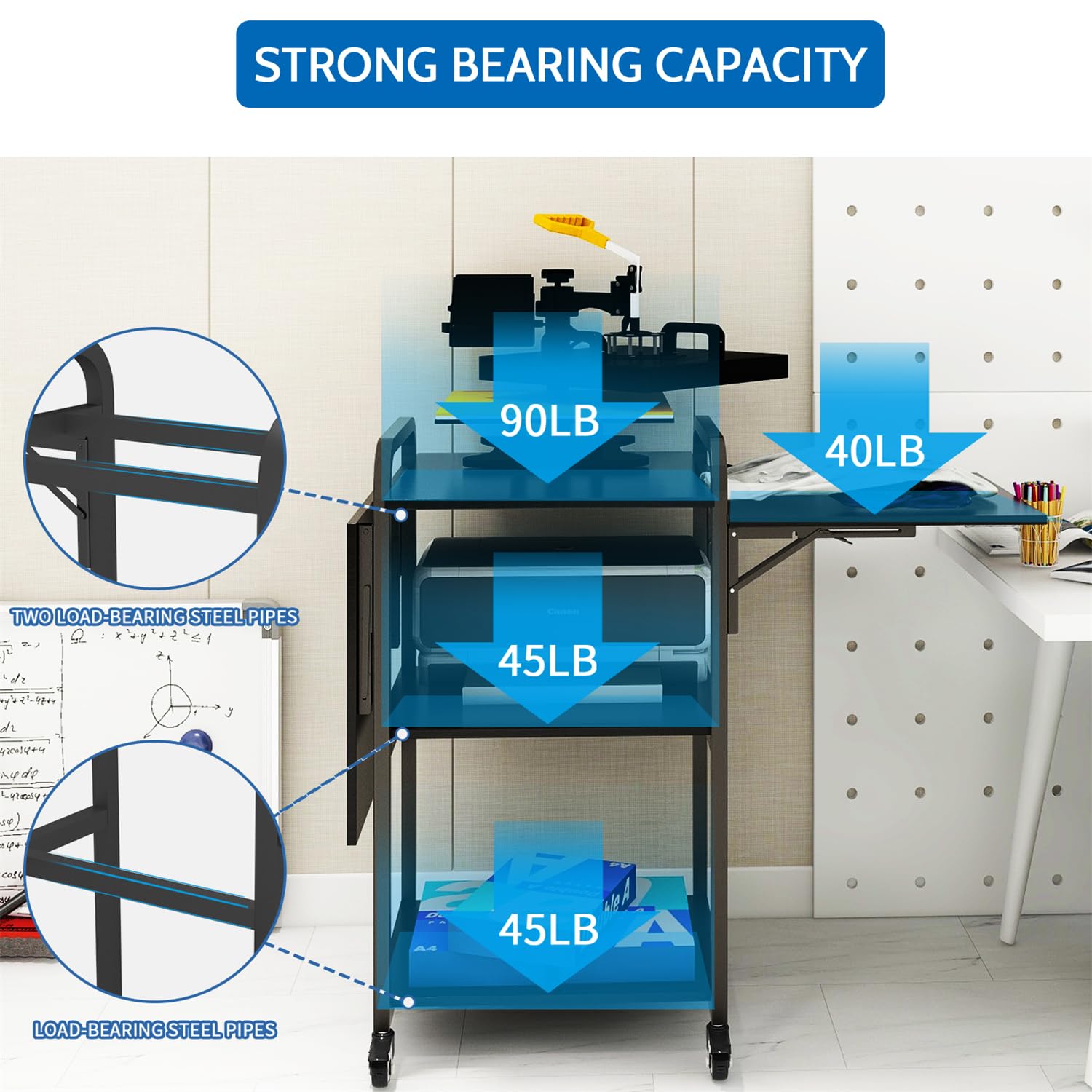 PUNCIA 3-Tier Heavy Duty Foldable Rolling Workbench - 20'' Movable DIY Heat Transfer Press Machine Stand with Metal Shelf Storage | Perfect for Sublimation Transfer, T-Shirt Printing & Craft Organization | Ideal for Home Studios, Small Businesses & DIY Workshops