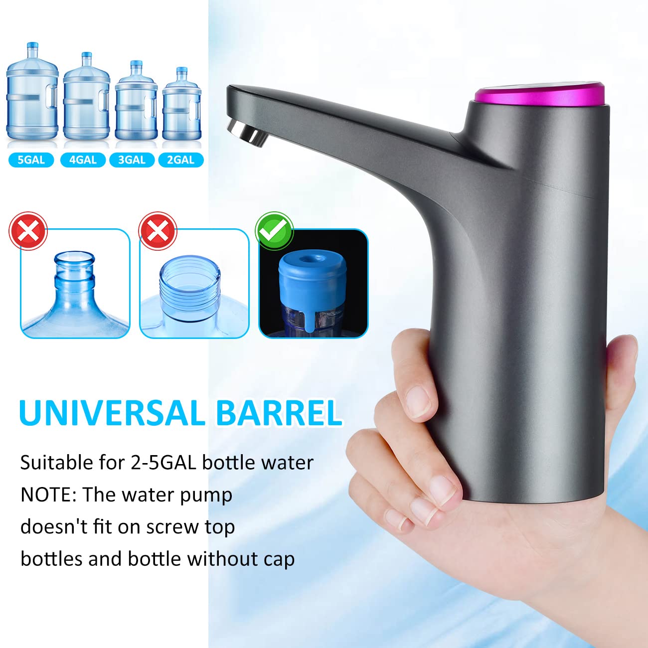 2-5 Gallon Portable Electric Water Dispenser Pump - USB Rechargeable Drinking Water Bottle Pump for Camping, Hiking, Home & Office Use | Universal for Water Jugs | Perfect for Outdoor Adventures & Daily Hydration (Black)