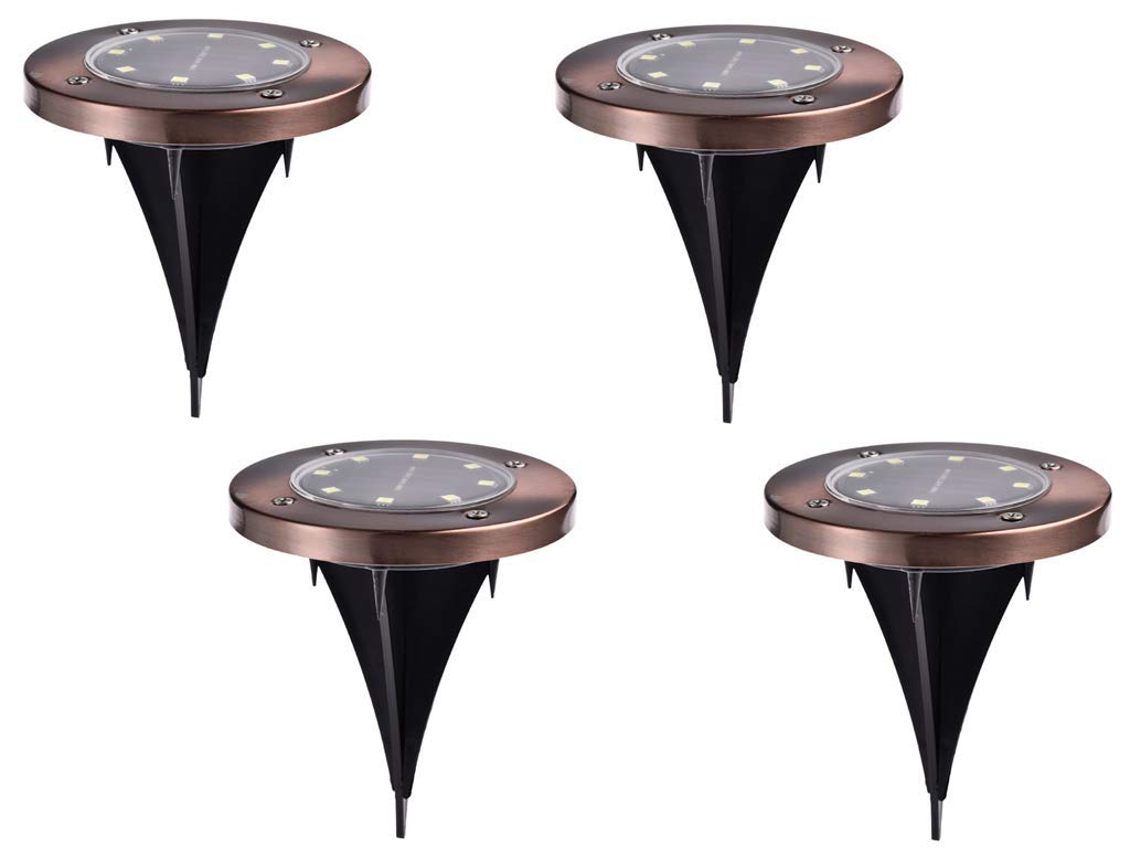 8 LED Solar Ground Lights - Waterproof Outdoor Disk Lights for Garden, Driveway, Lawn, Yard, Walkway, Pool, Patio, Deck (6 Pack, White, Copper/Bronze Finish) - Perfect for Landscape Lighting & Nighttime Safety