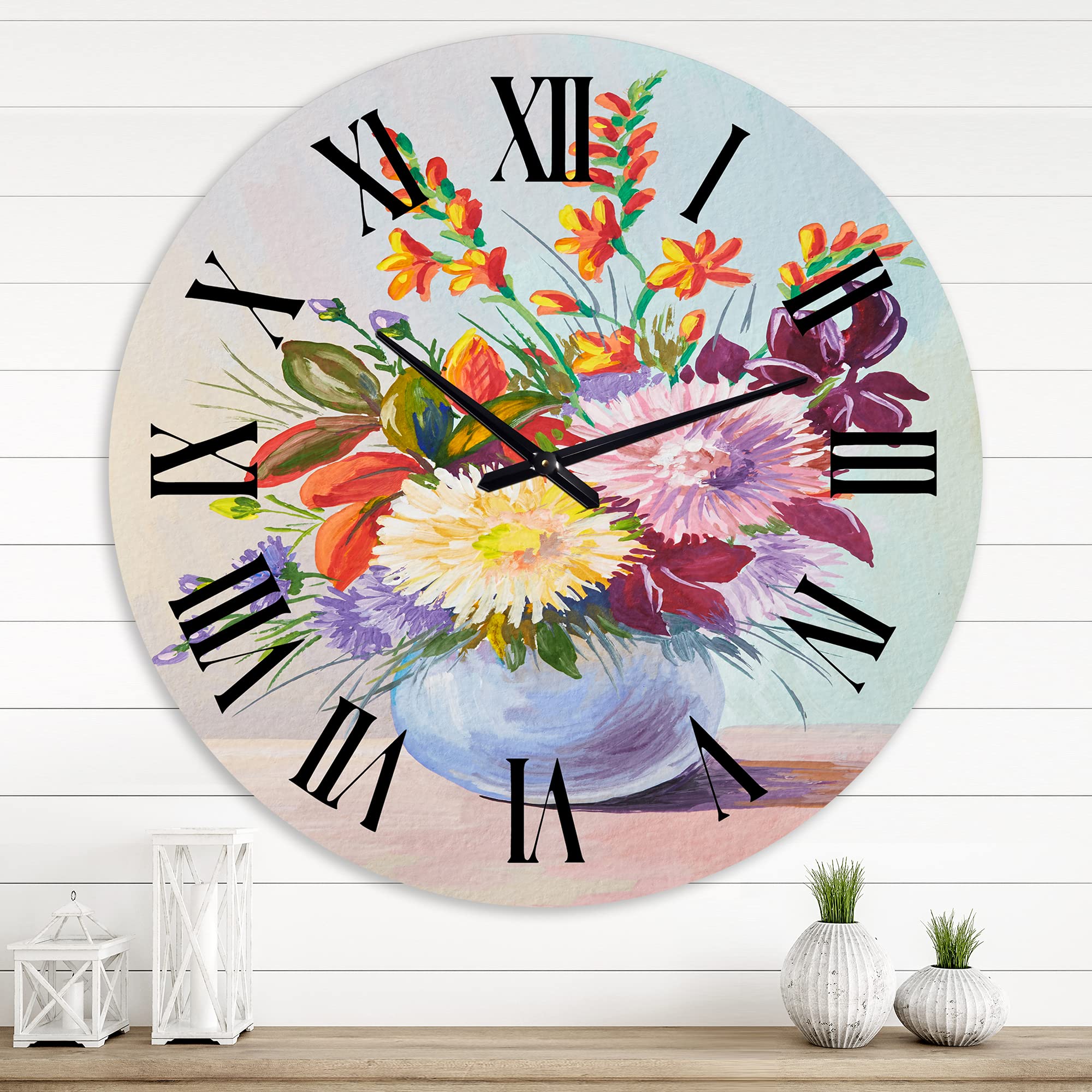 DesignQ Traditional Wall Clock - Still Life with Asters on White Flowers in Vase - Large Floral & Botanical Wall Clock for Kitchen, Living Room, Bedroom Decor - Perfect for Home & Office