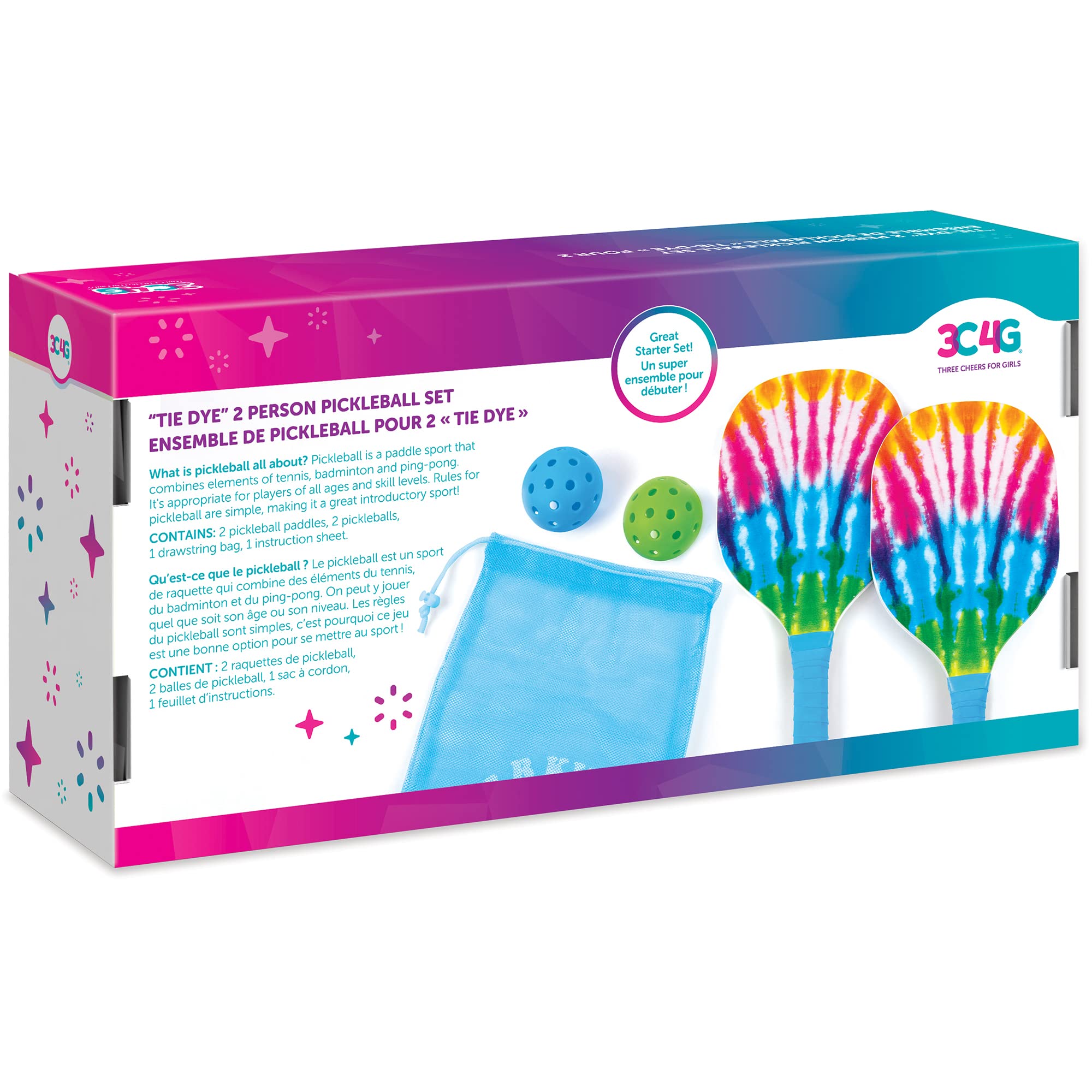 Make It Real 3C4G: Tie Dye 2-Person Portable Pickleball Set with Paddles & Balls - Perfect for Outdoor, Beach, Backyard Fun - Great Gift for Girls, Tweens & Kids Ages 8+ (Includes Drawstring Bag) - Ideal for Family Picnics, Park Games & Summer Activities