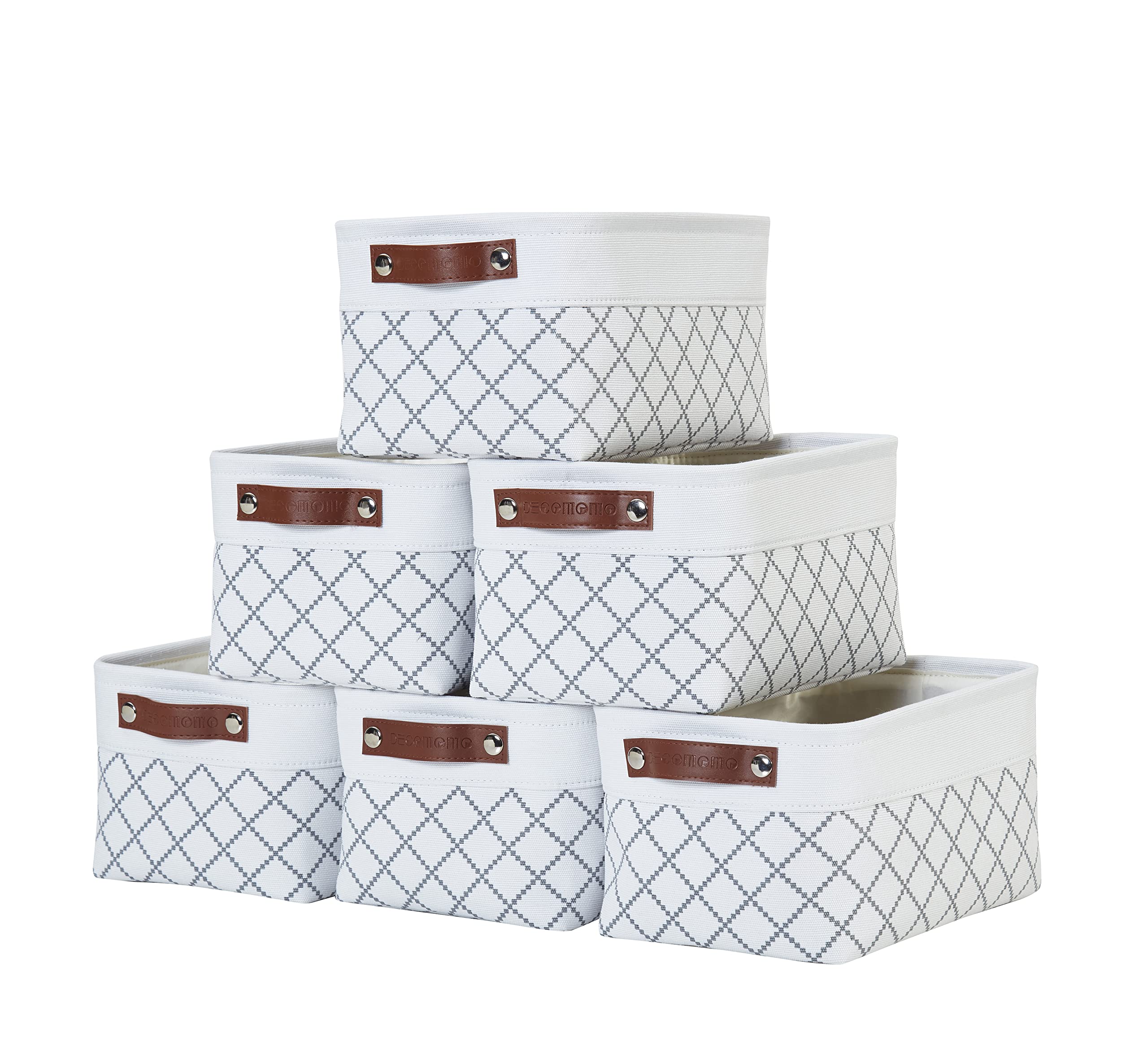 DECOMOMO Small Storage Baskets 6-Pack - White Check Fabric Closet Organizer Bins for Shelves, Bathroom, Nursery & Home Organization - Perfect for Bedroom, Office & Pantry Storage