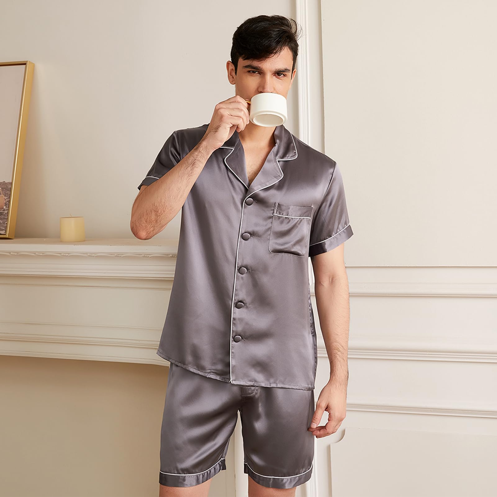 THXSILK Men's Pure Mulberry Silk Pajama Set - Short Sleeve Shirt & Shorts for Comfortable Sleepwear | Perfect for Summer Nights, Lounging & Gift Giving