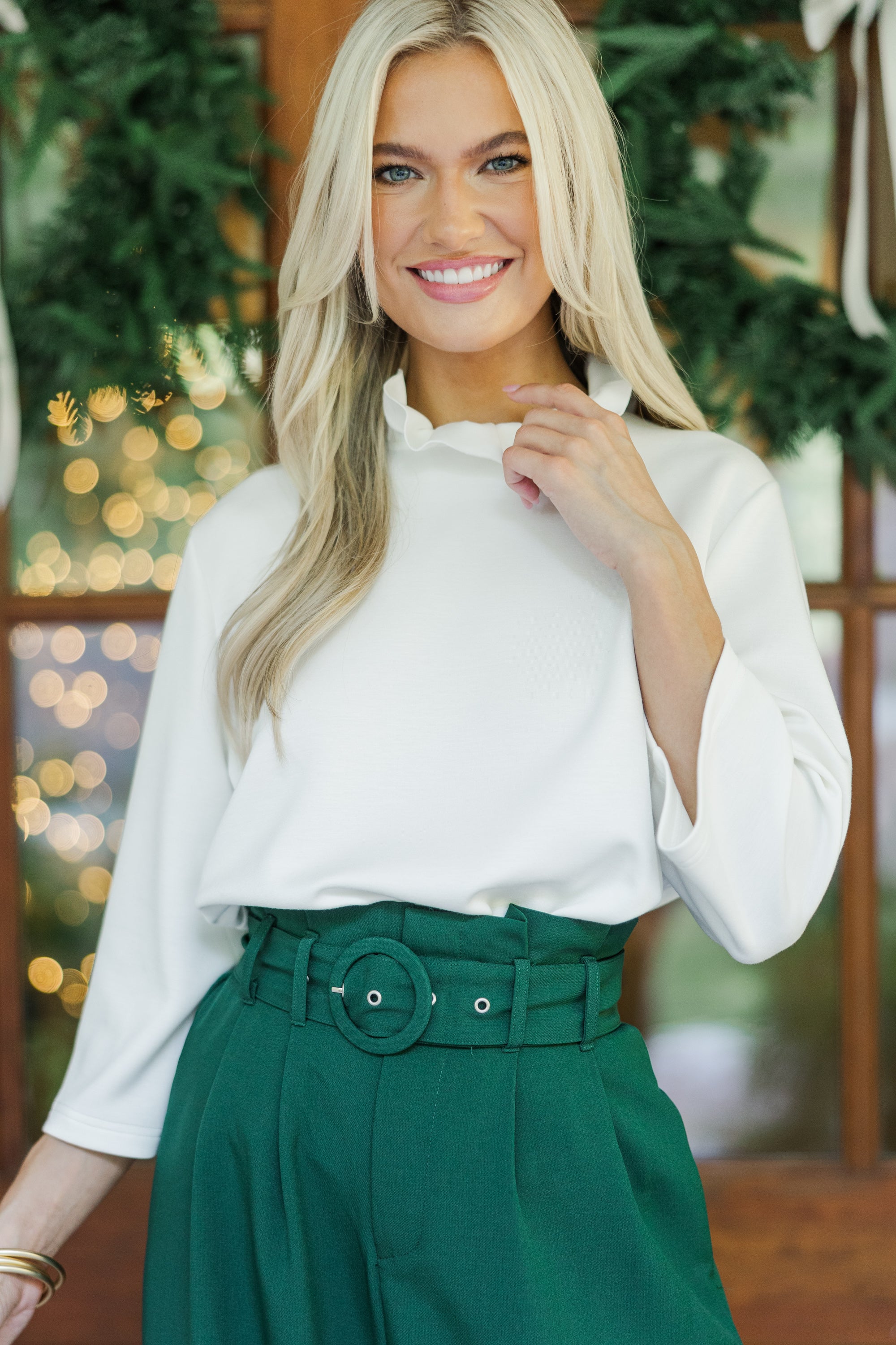 Ivory White Ruffled Blouse for Women - Elegant Lace Trim Tops - Perfect for Office, Date Night & Special Occasions