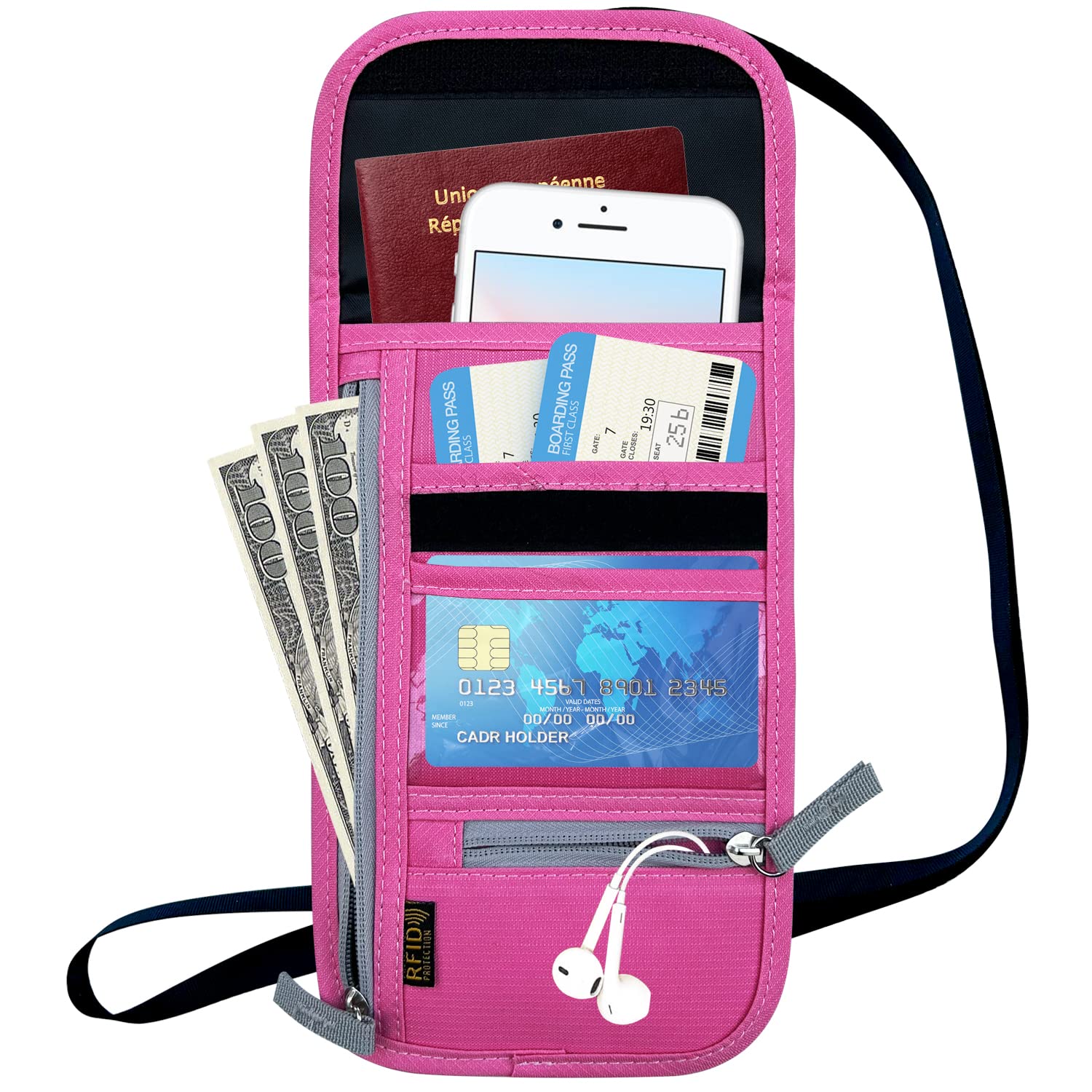 RFID Blocking Travel Neck Wallet for Men & Women - Adjustable Neck Strap Passport Holder to Protect Cash, Credit Cards & Travel Documents (Rose) | Perfect for Airports, Sightseeing & International Trips