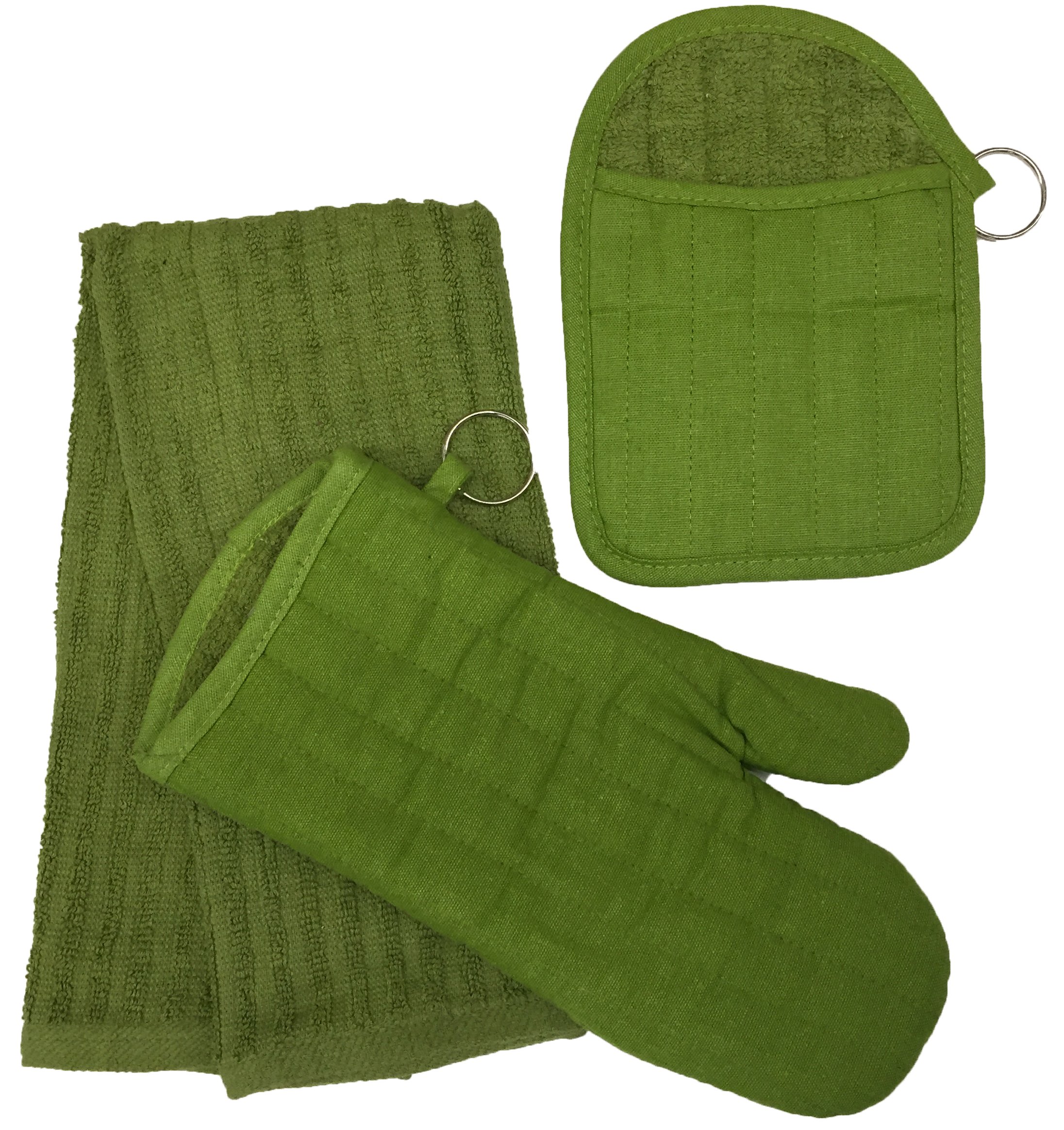 Set of 3 100% Cotton Ultra Absorbent Kitchen Towels with Oven Mitt & Pot Holder - Solid Green - Perfect for Cooking, Baking & Kitchen Cleaning