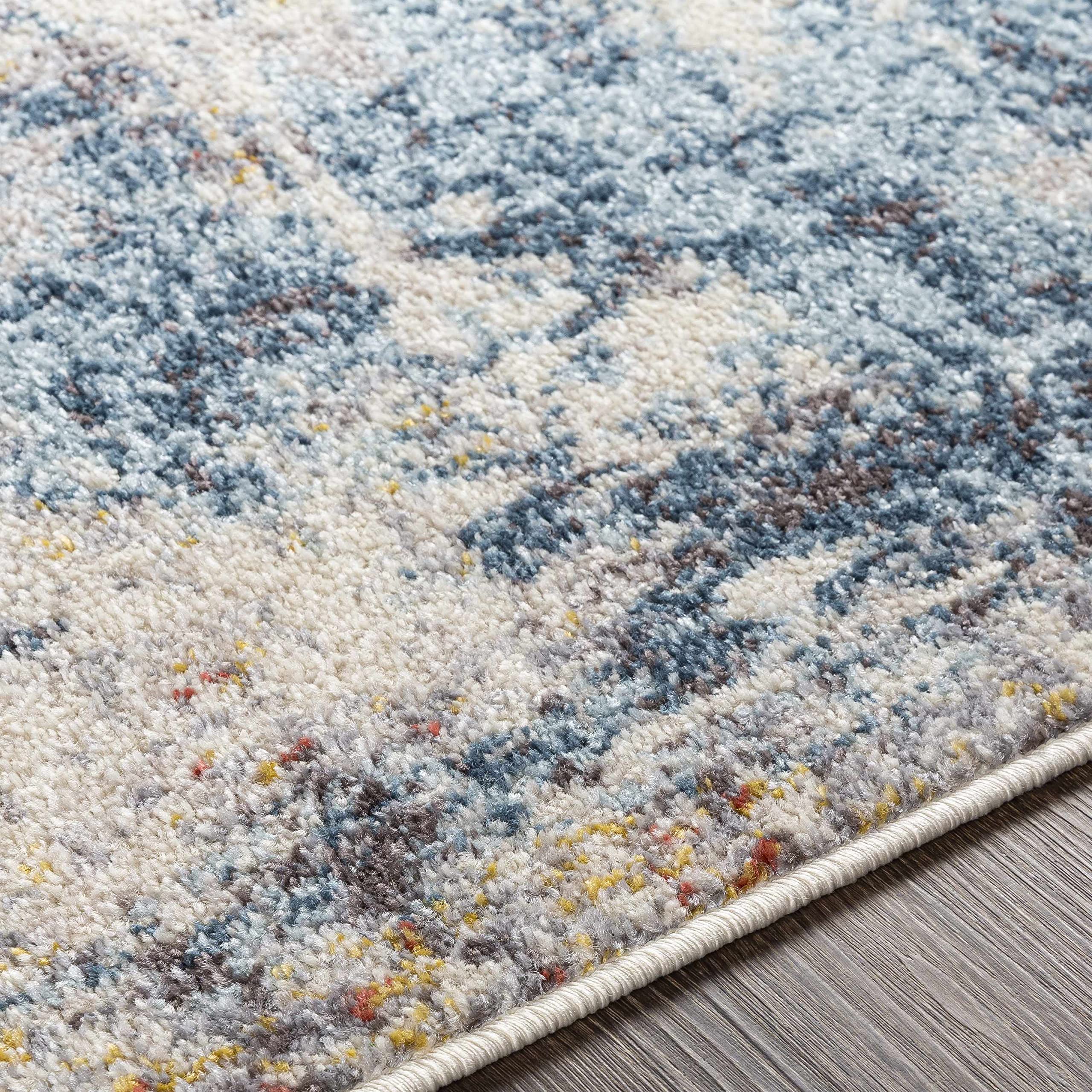 Modern Hauteloom Cofield Area Rug for Living Room & Bedroom - Soft Gray, Blue, Red Design - 6'7